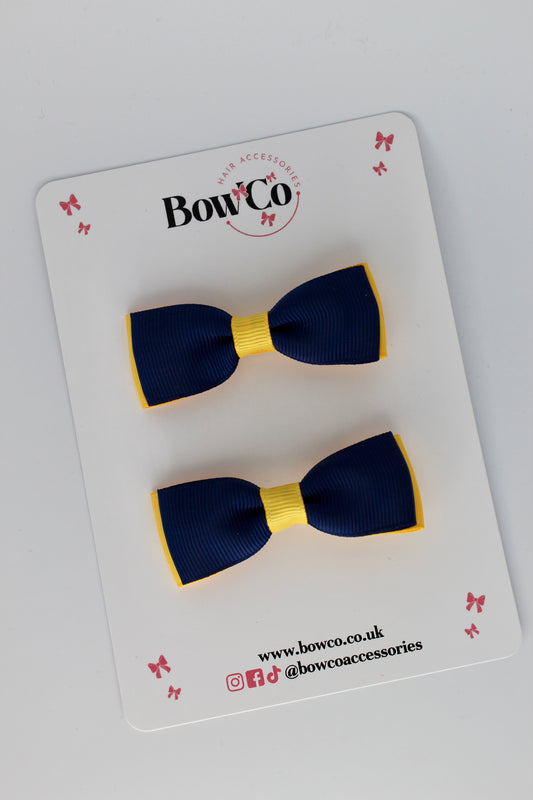 2.5 Inches Double Bow - 2 Pack - Clip - Navy Blue and Yellow Gold