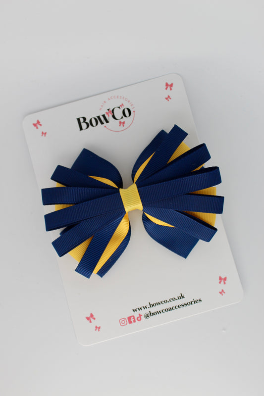 4 Inch Spiral Bow - 4 Inches - Clip - Navy Blue and Yellow Gold