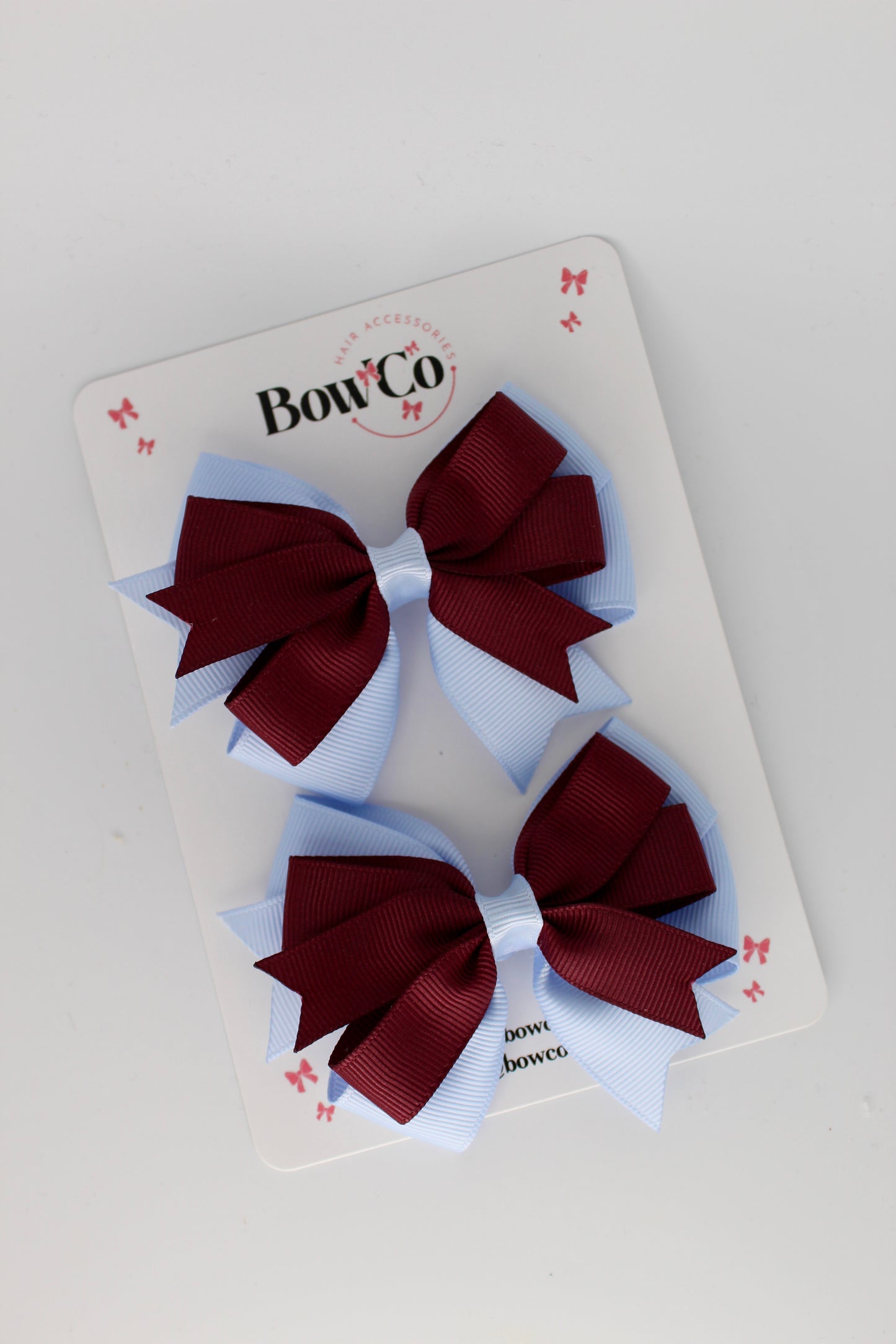 Burgundy and Bluebell - Double Tail Bow Set - Clip