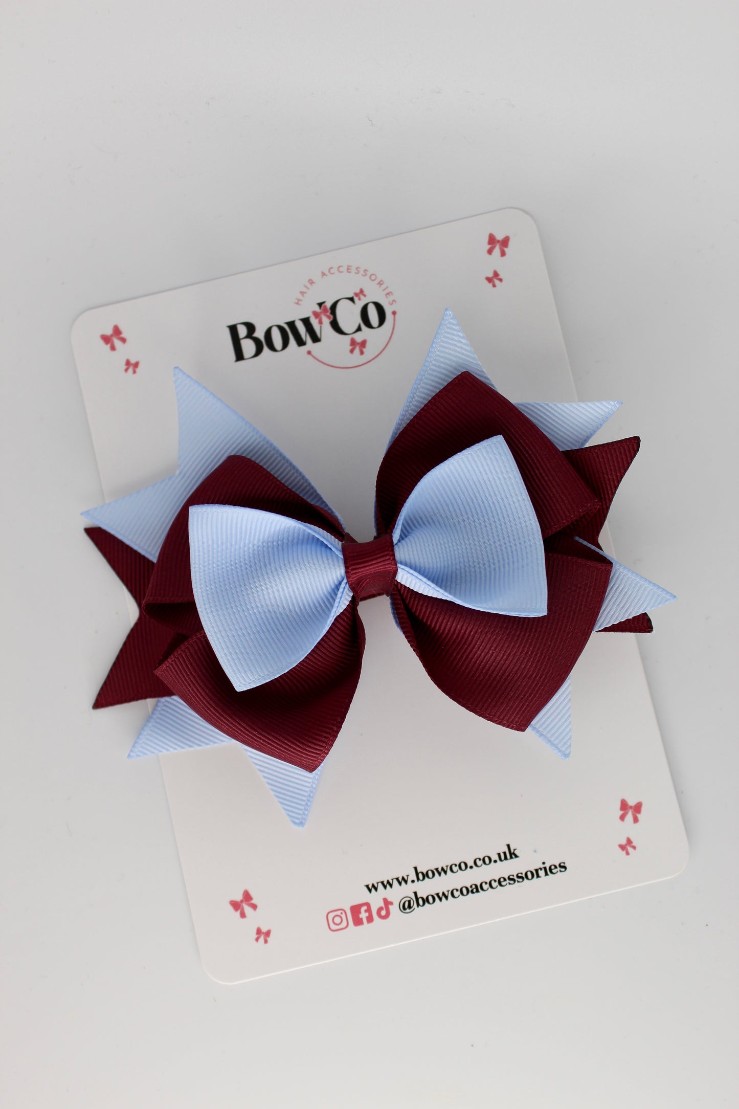 3.5 Inches Layer Bow - Clip - Burgundy and Bluebell