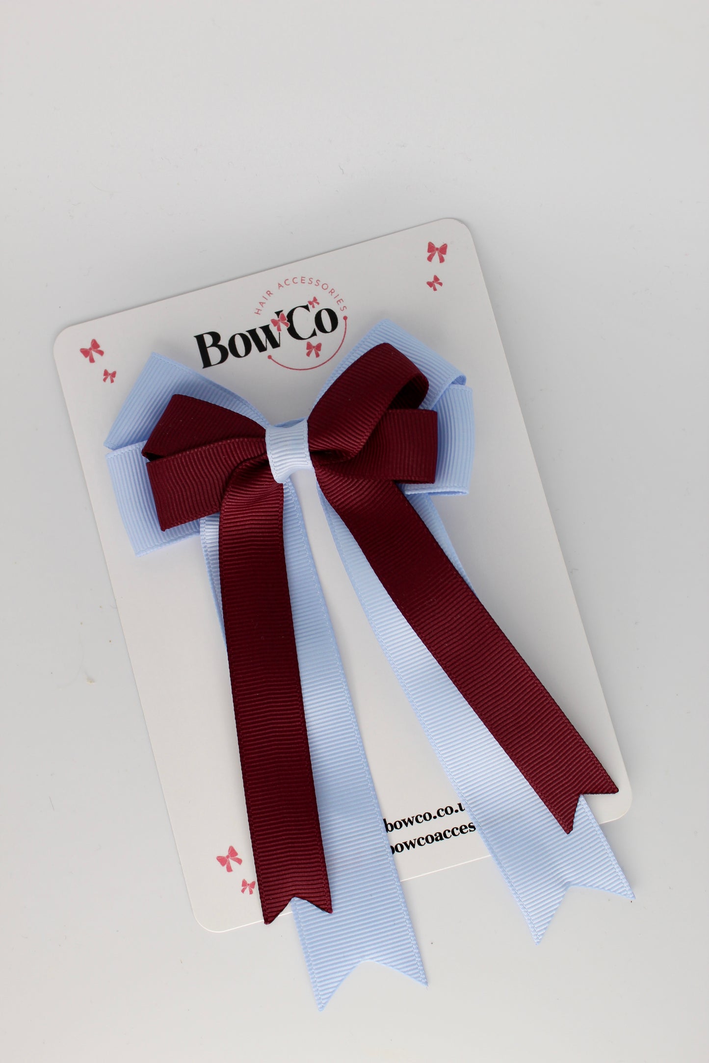 4.5 Inch Ponytail Double Bow - Burgundy and Bluebell