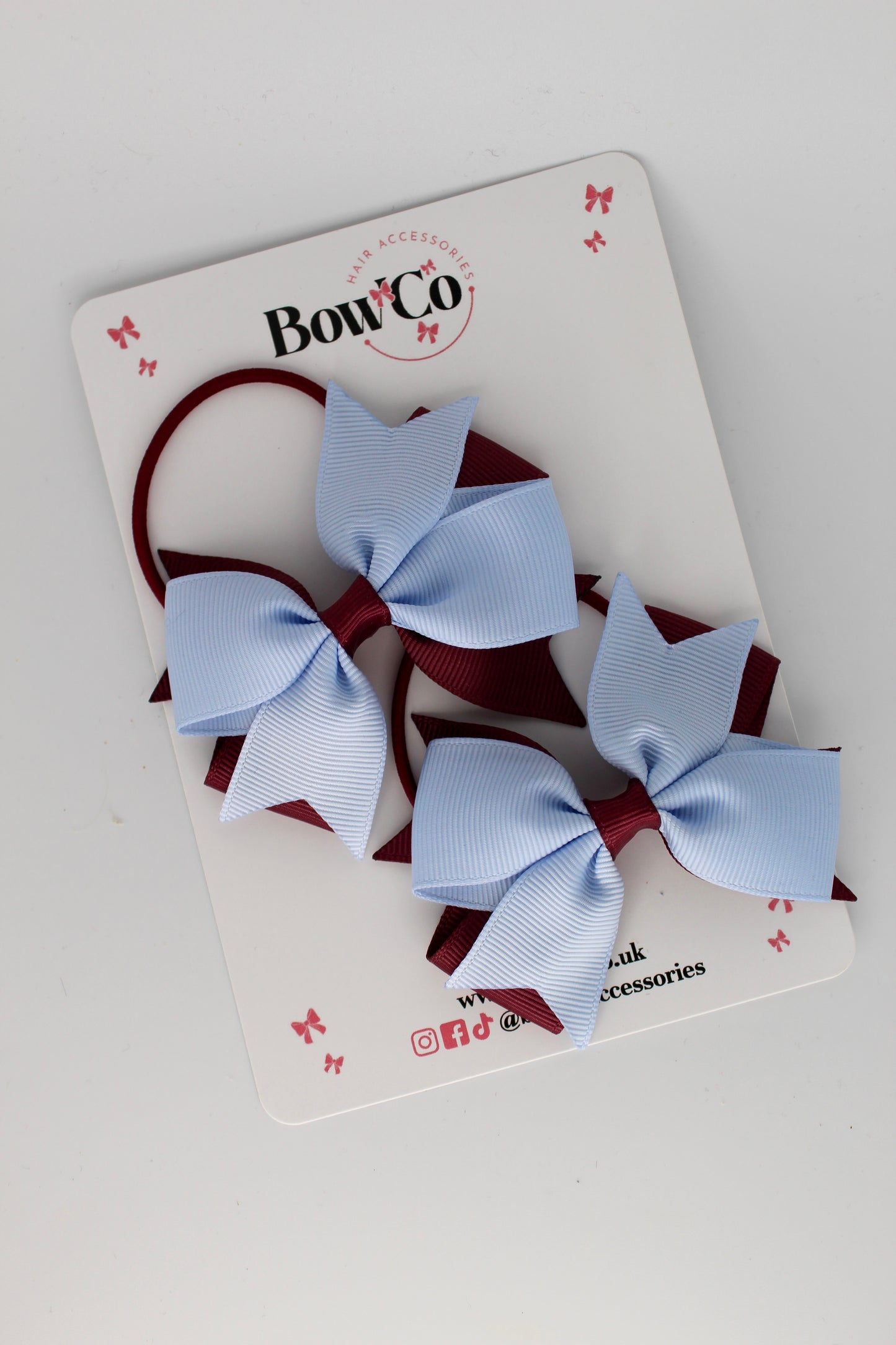 Burgundy and Bluebell - Layer Tail Bow Set - Elastic