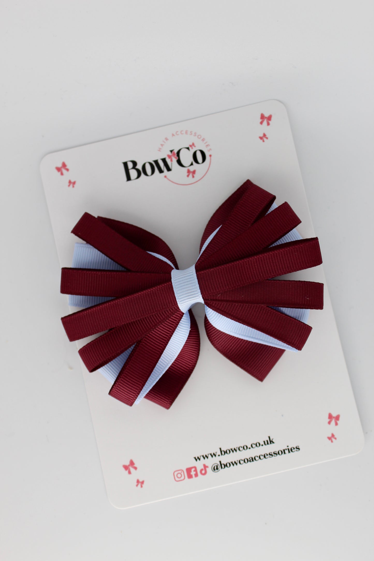 4 Inch Spiral Bow - 4 Inches - Clip - Burgundy and Bluebell