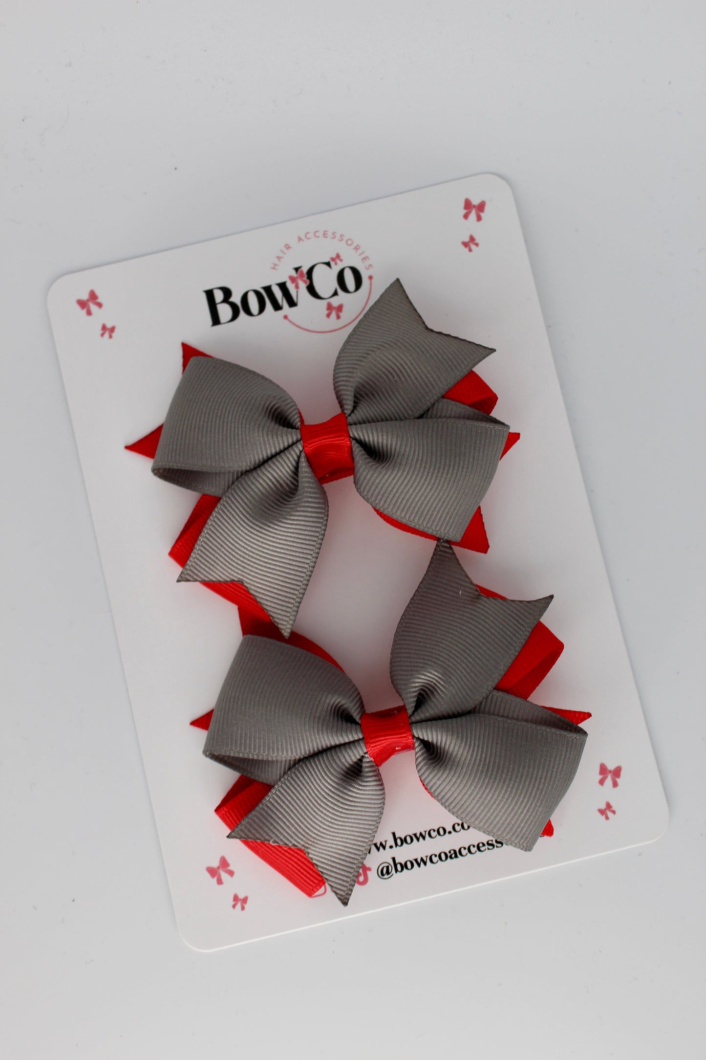 Red and Metal Grey - Layer Tail Bow Set - Clip