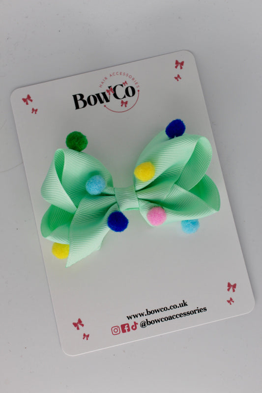 Pom Pom Bow - Mint - Clip