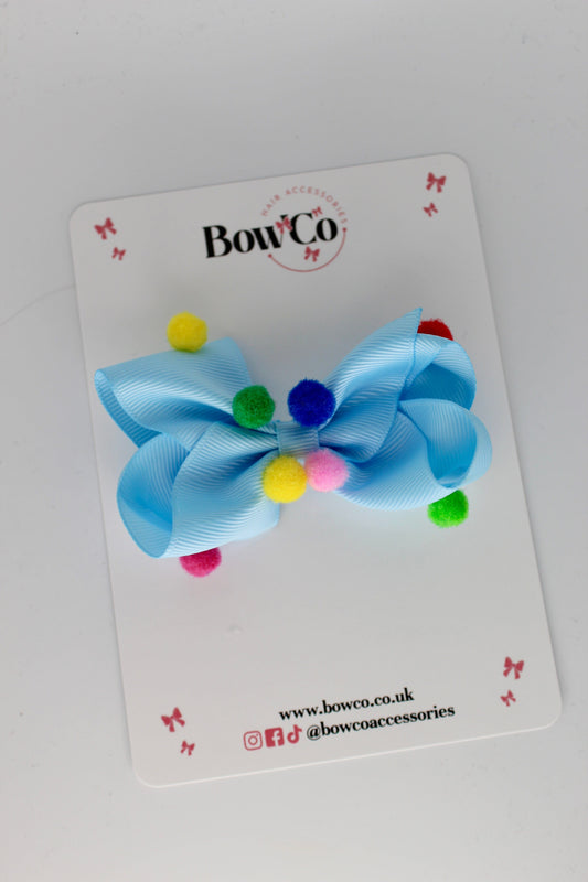 Pom Pom Bow - Pastel Blue - Clip