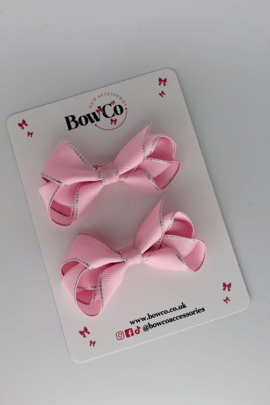 3 Inch Twist Bow with silver edging - Pearl Pink - Clips