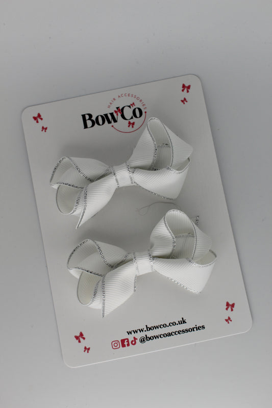 3 Inch Twist Bow with silver edging - White - Clips