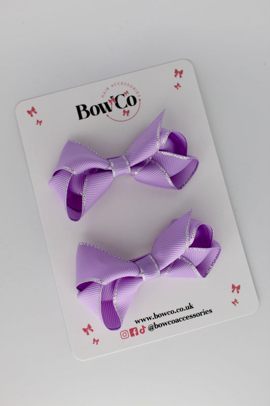 3 Inch Twist Bow with silver edging - Lilac - Clips