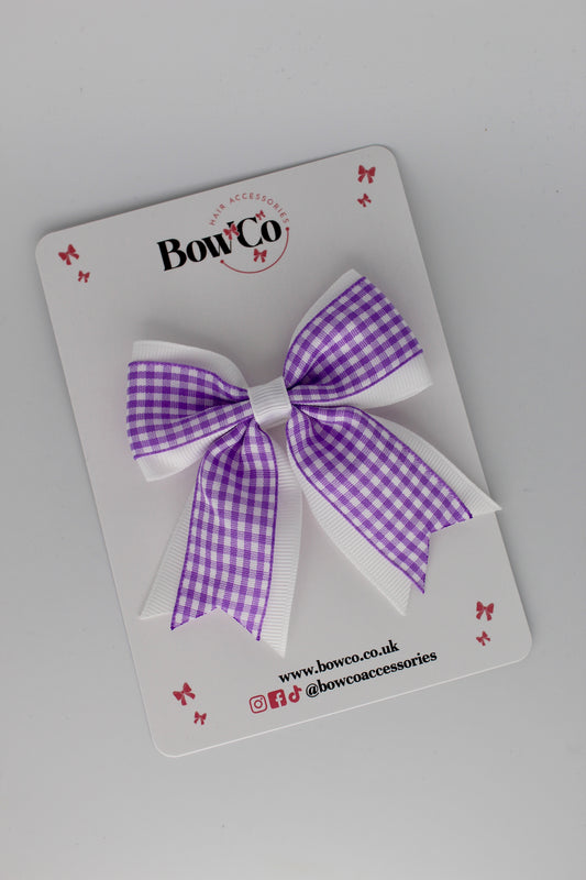 3 Inch Tail Bow Gingham Lilac Bow Clip