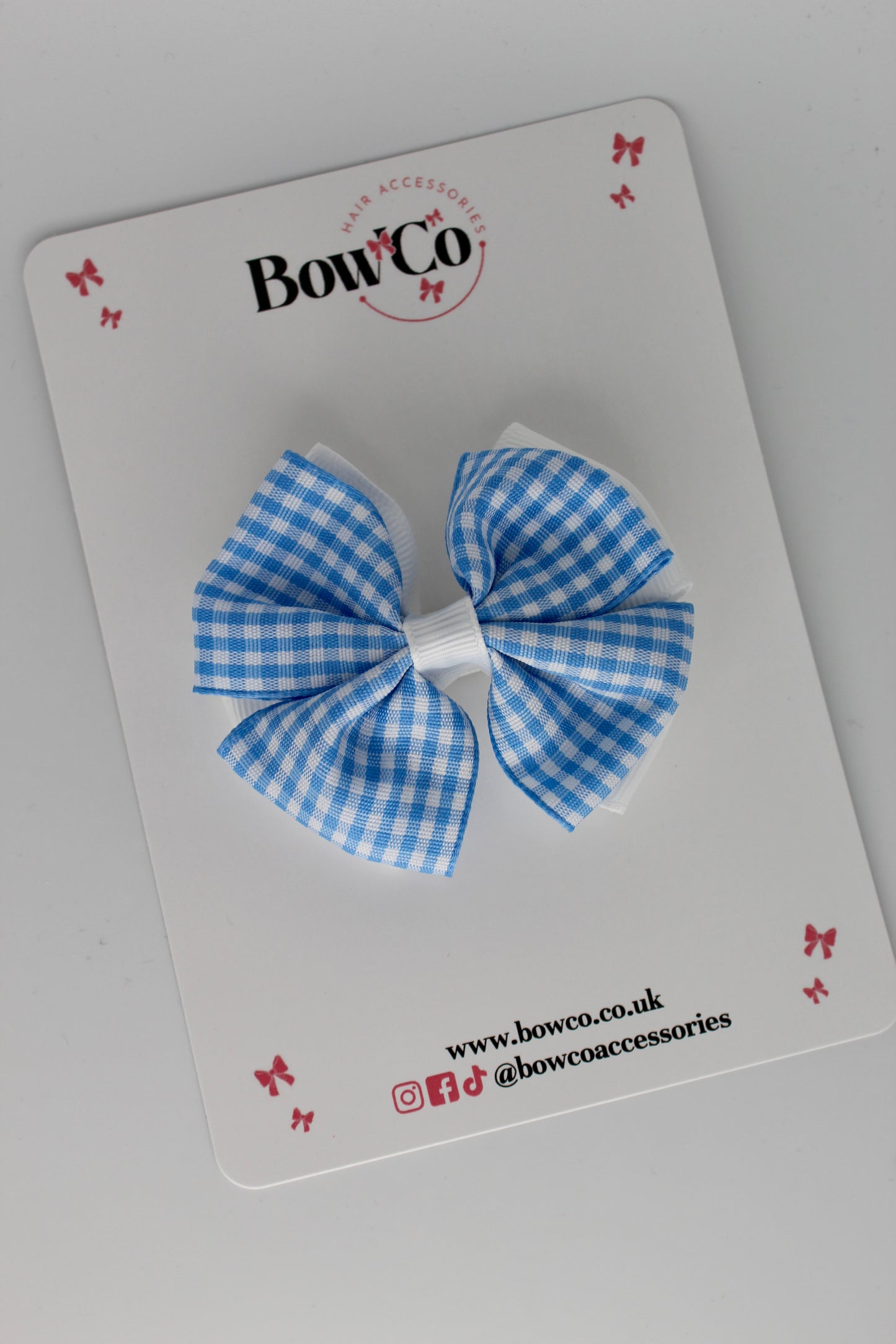 School Light Blue Gingham Double Bow Clip