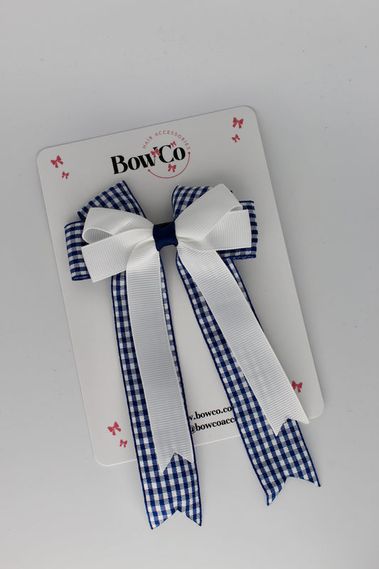 3.5 Inch Loop Bow Clip - Navy Blue Gingham