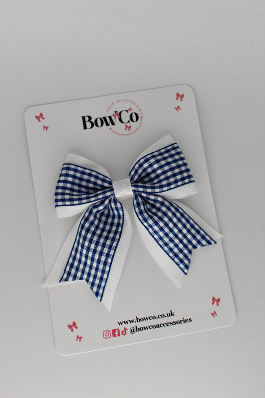 3 Inch Tail Bow Gingham Navy Bow Clip