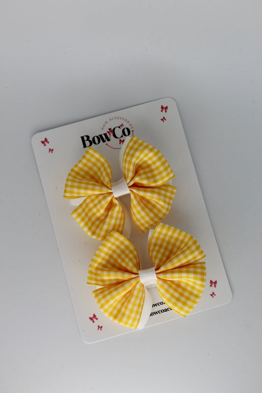 3.5 Inch Double Bow Gingham Yellow Clip - 2 Pack