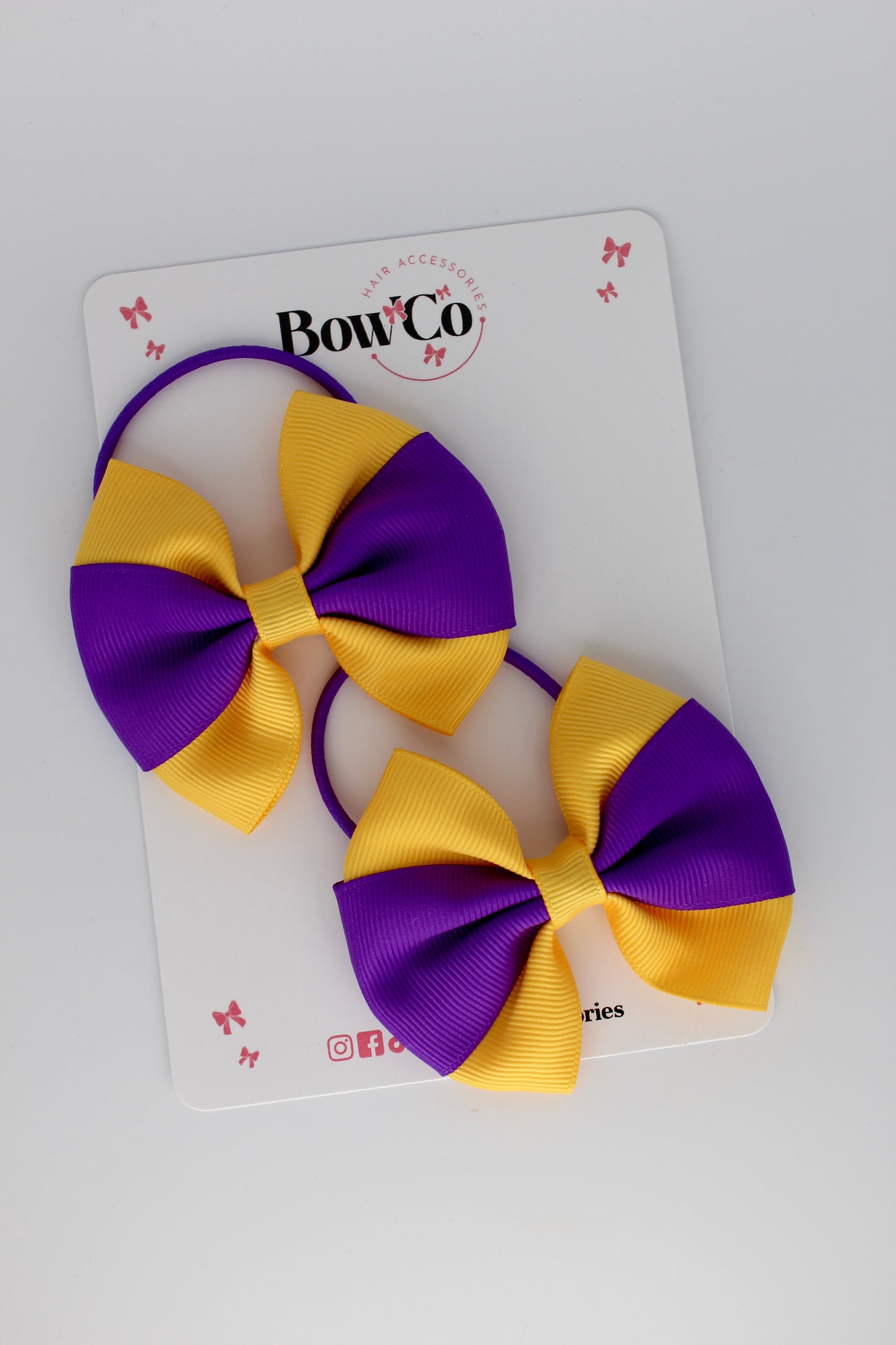 School Bows - Purple and Yellow Gold - Round Tuxedo Bow Set - Elastic