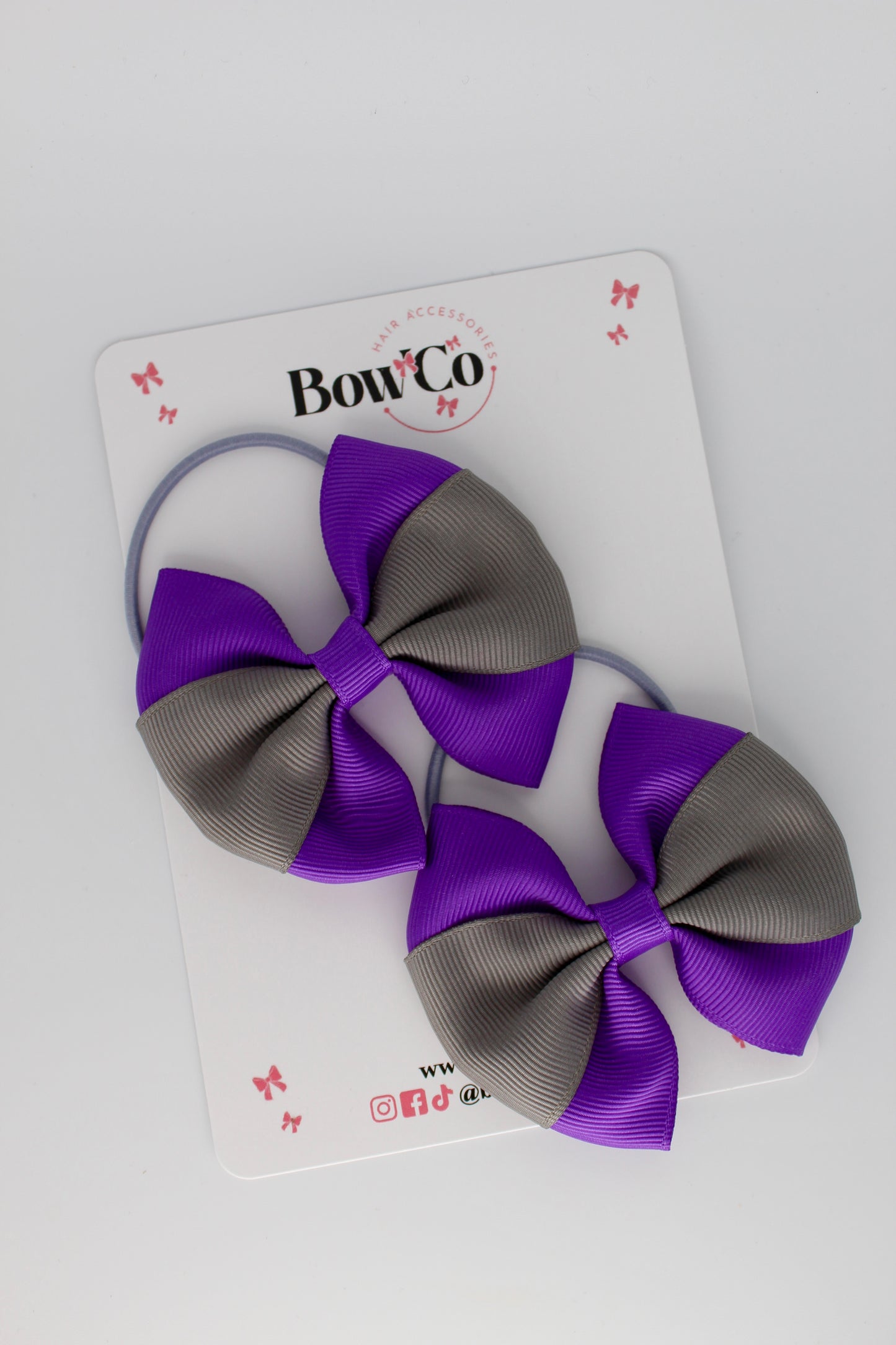 Purple and Metal Grey - Round Tuxedo Bow Set - Elastic