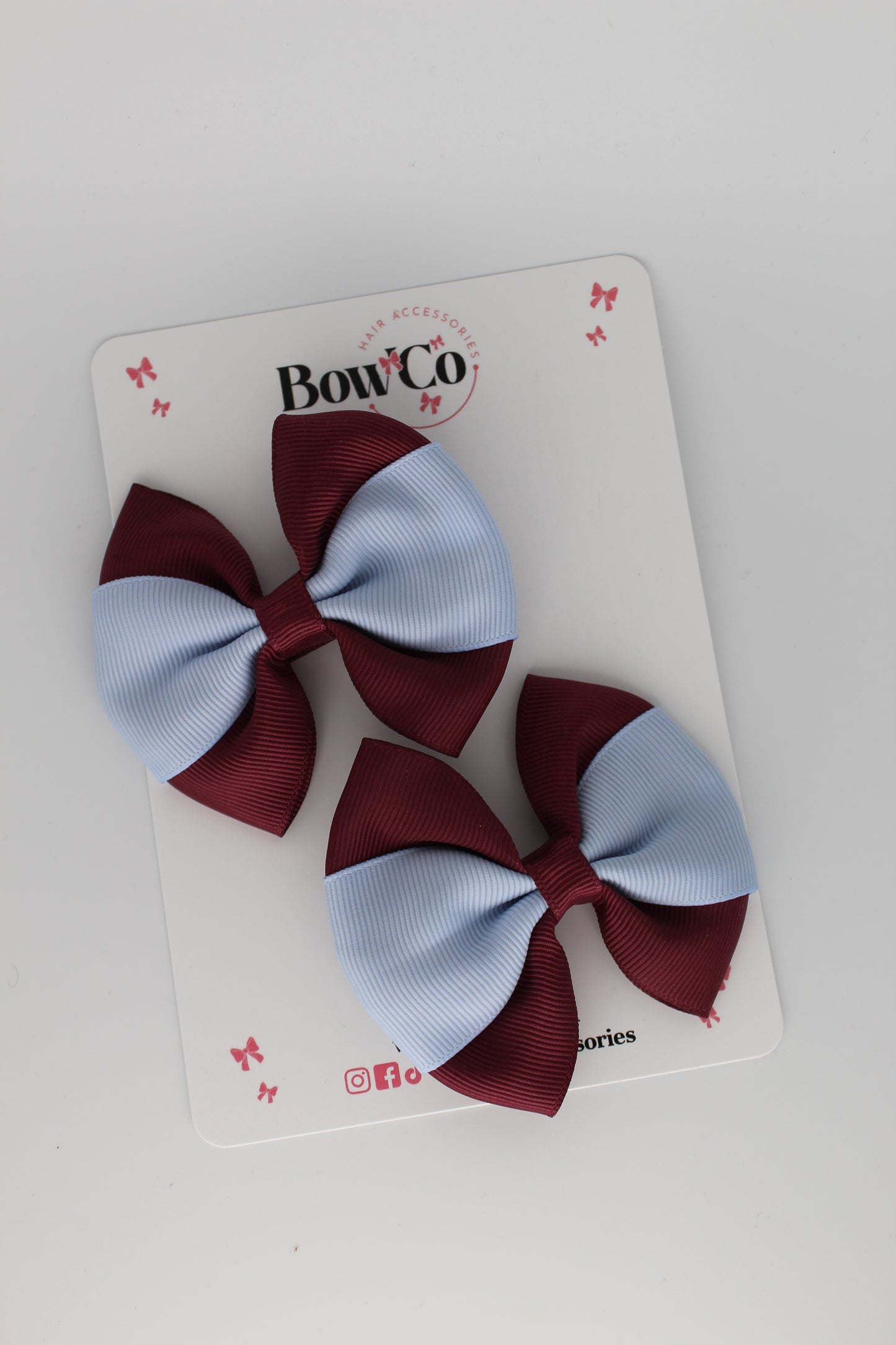 Burgundy and Bluebell - Round Tuxedo Bow Set - Clip