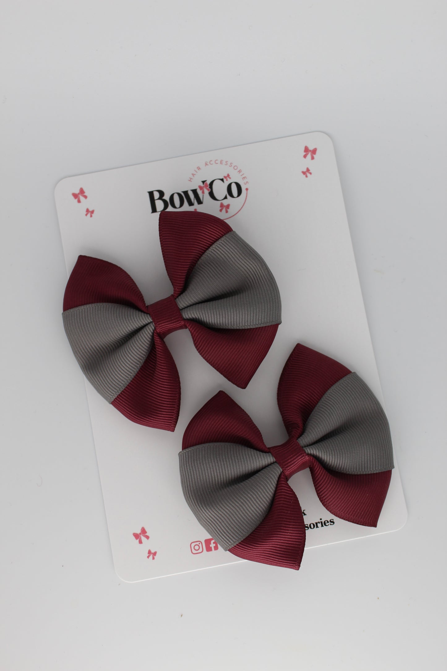 Burgundy and Metal Grey - Round Tuxedo Bow Set - Clip