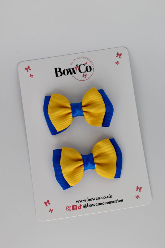 2.5 Inches Double Bow - 2 Pack - Clip - Royal Blue and Yellow Gold