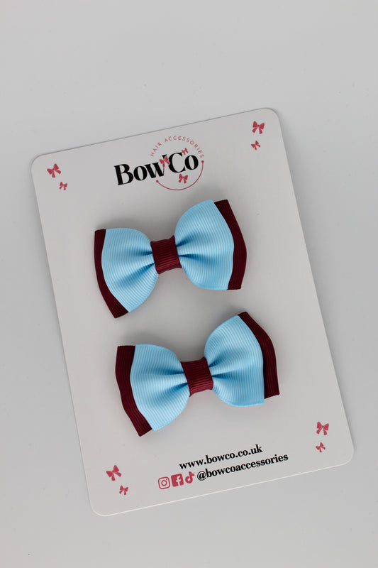 2.5 Inches Double Bow - 2 Pack - Clip - Burgundy and Blue Topaz