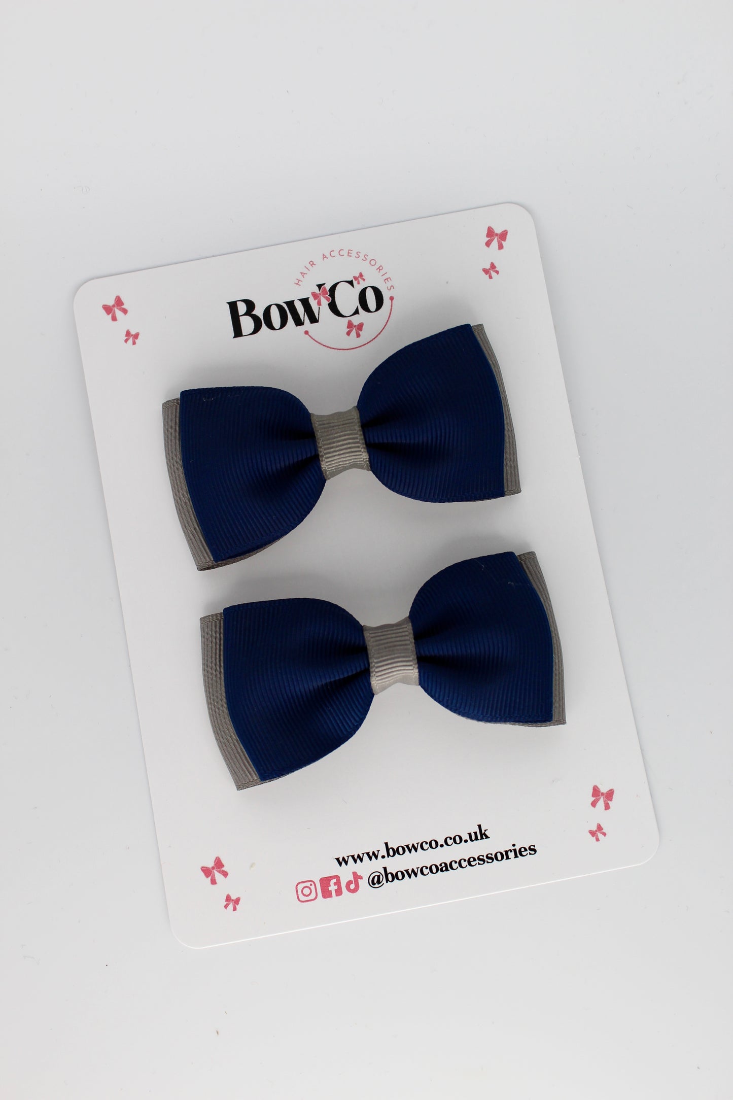 Navy Blue and Metal Grey - Double Lapel Bow Set - Clip