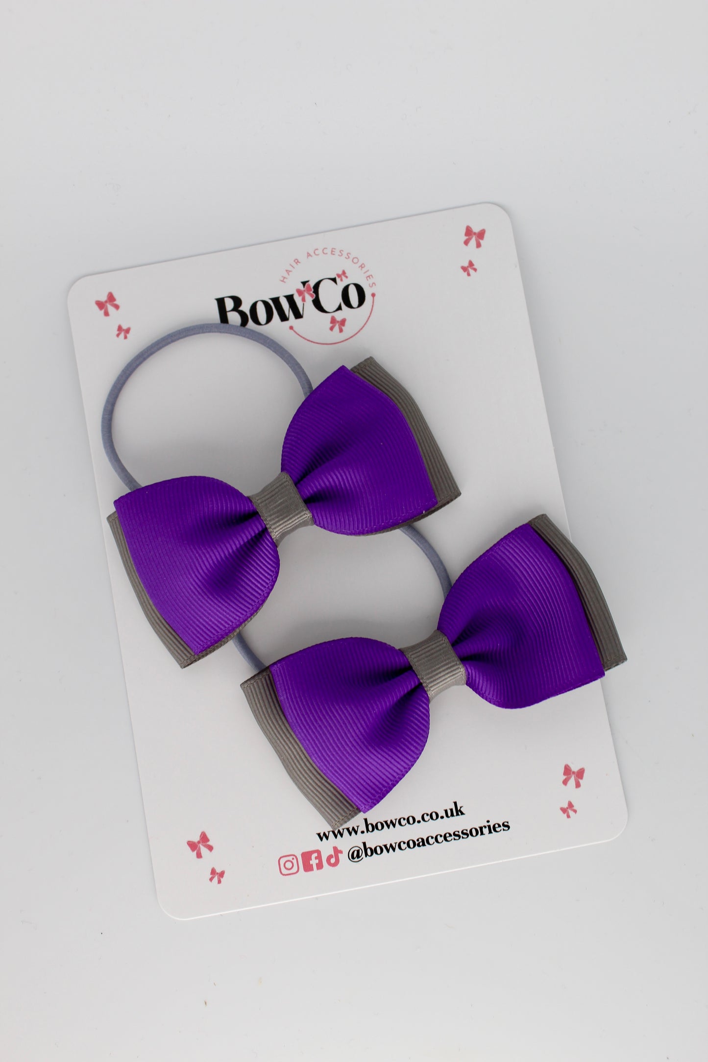 School Bows Purple and Metal Grey - Double Lapel Bow Set - Elastic