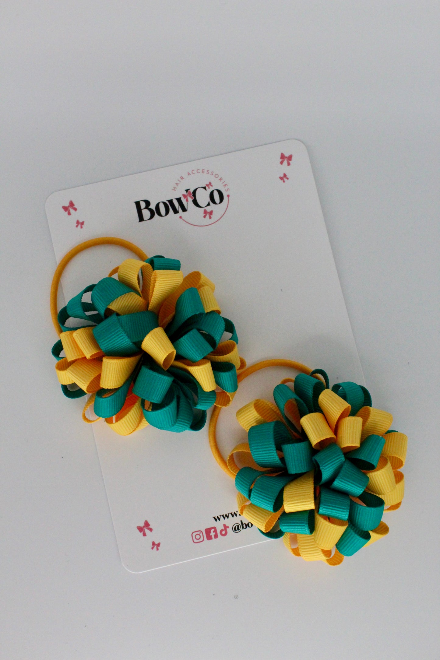 2.5 Inches Pom Pom Elastic Bobble - 2 Pack - Jade Green and Yellow Gold