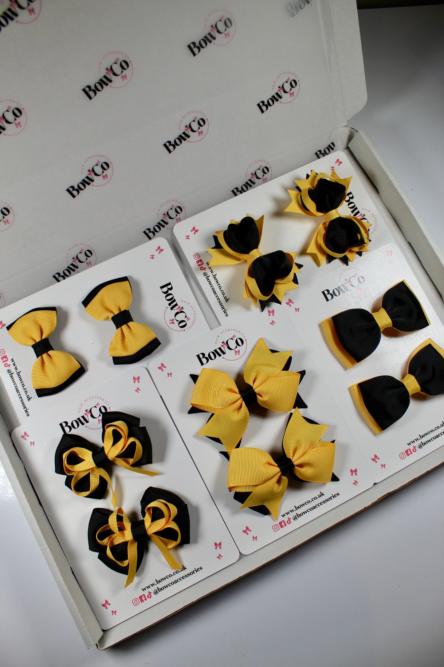 School Bundle 10 Bows - 5 Matching Pairs - Black and Yellow Gold - Clip