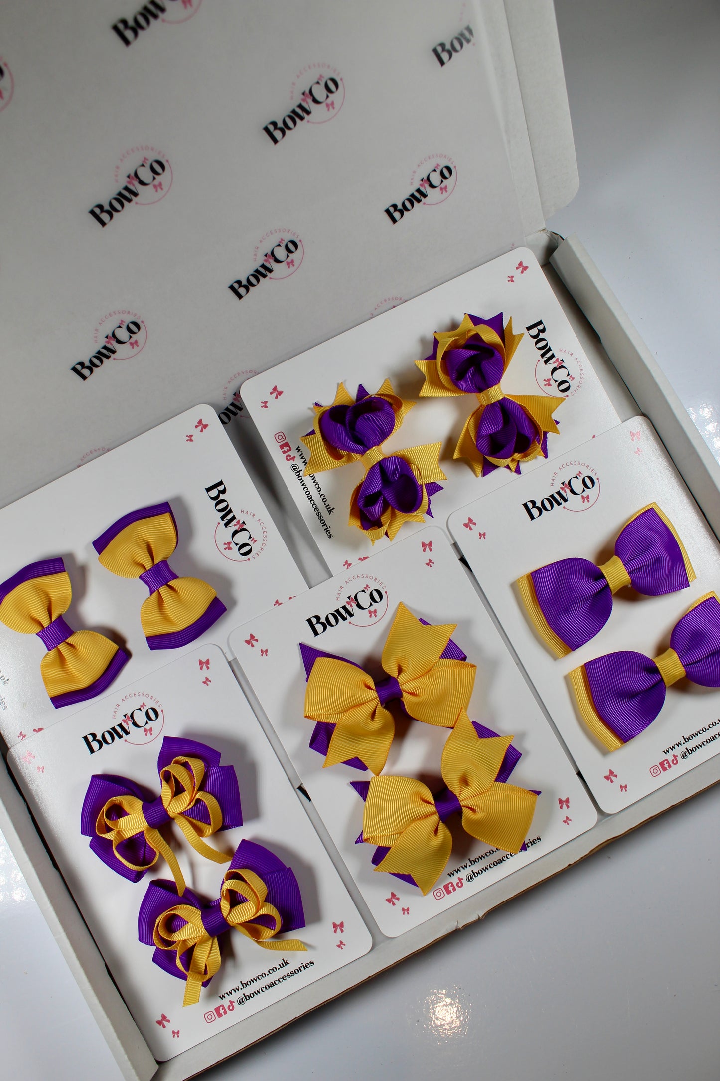 School Bundle 10 Bows - 5 Matching Pairs - Purple and Yellow Gold