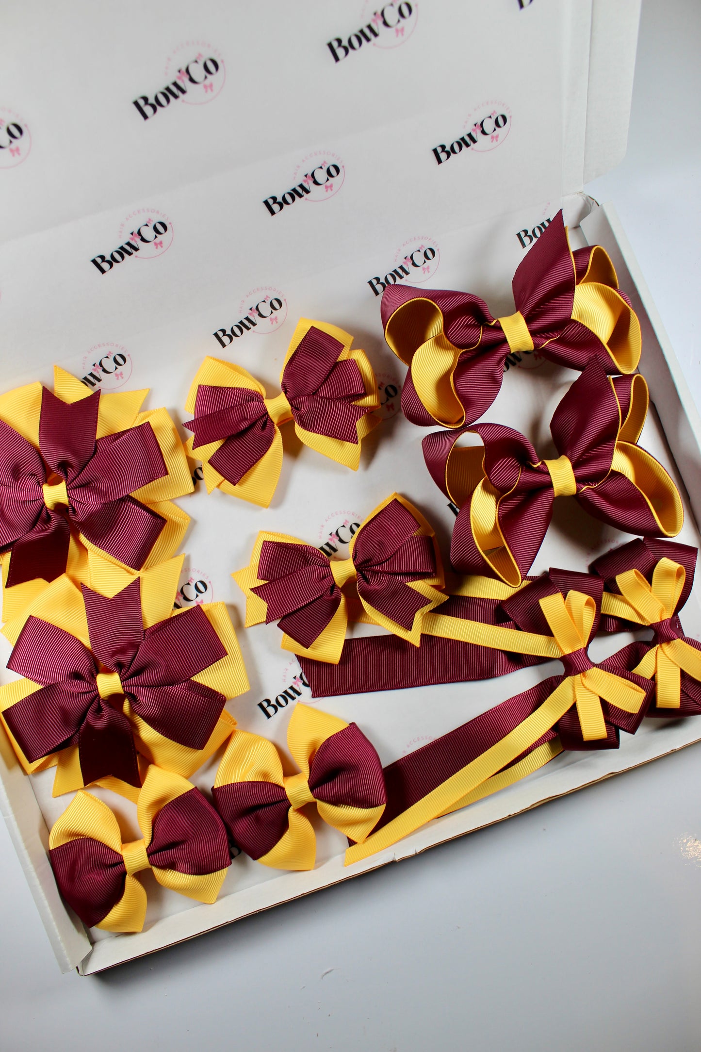 School Bundle 10 Bows - 5 Matching Pairs - Burgundy and Yellow Gold