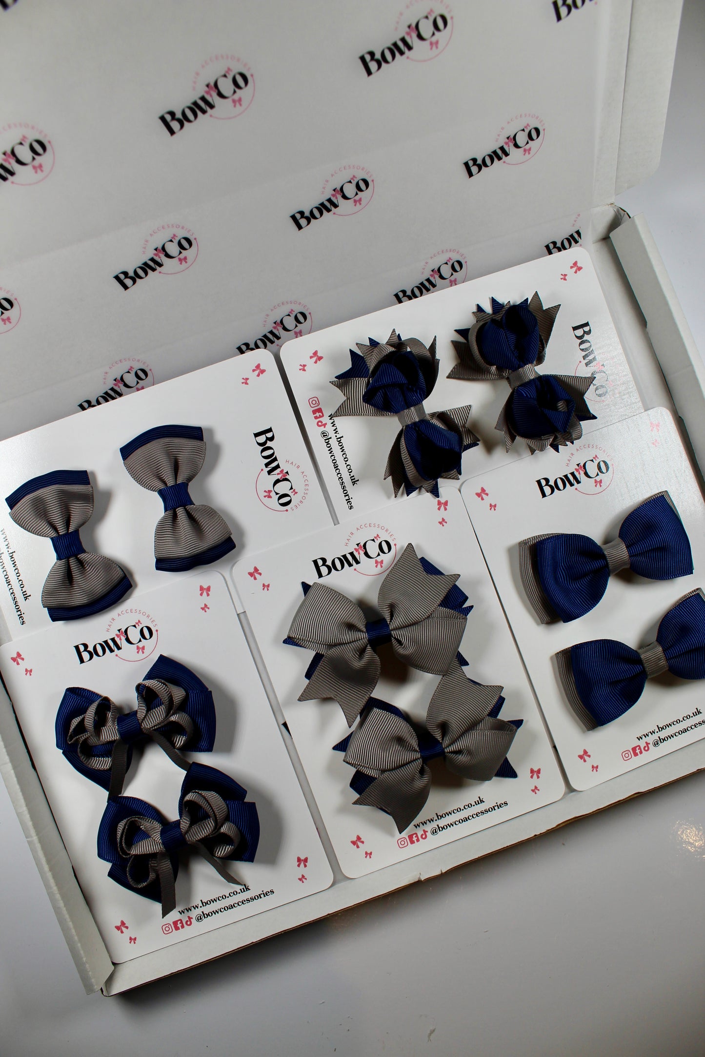 School Bundle 10 Bows - 5 Matching Pairs - Navy and Metal Grey