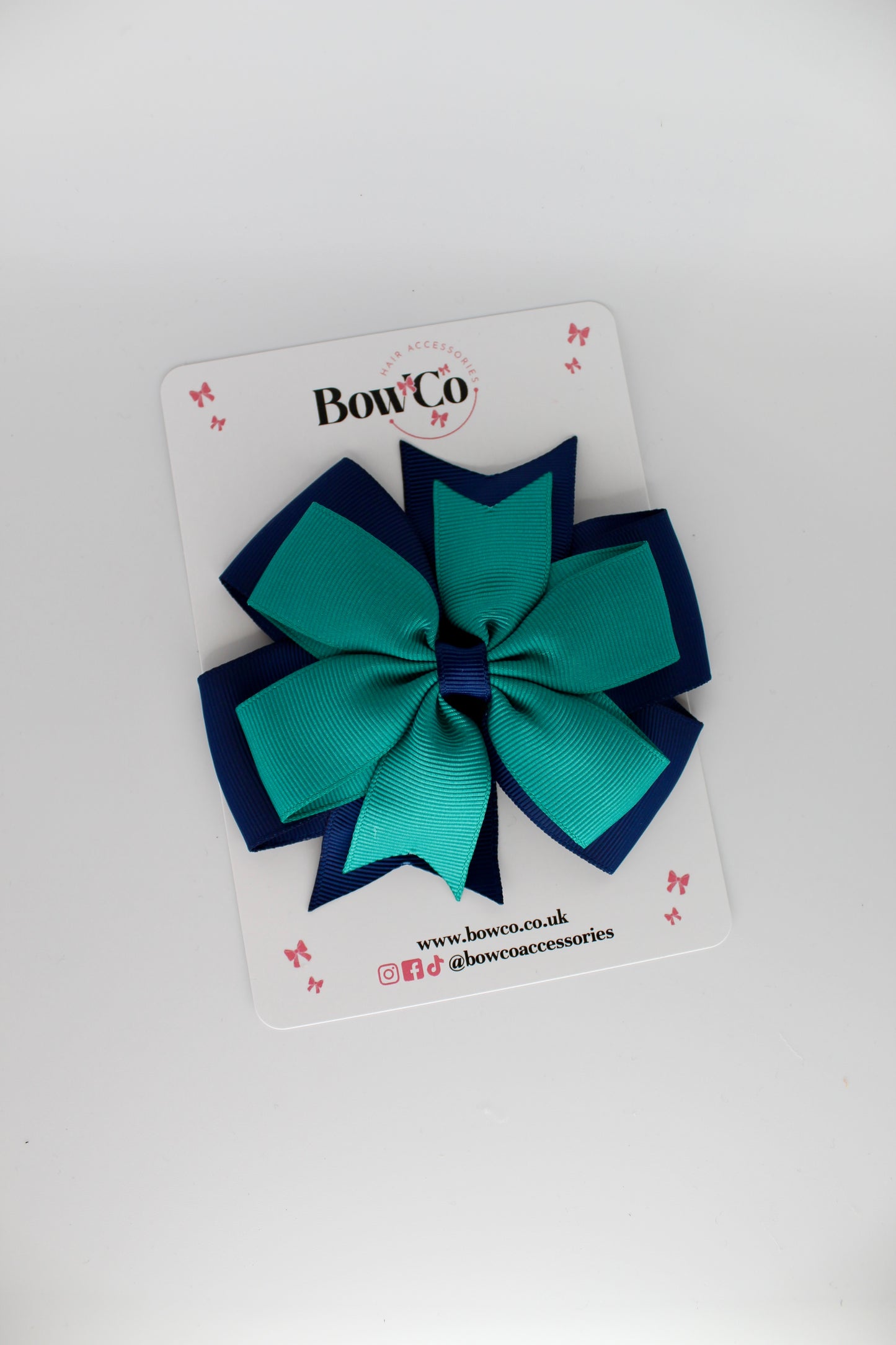 Pinwheel Bow Clip - Jade Green and Navy