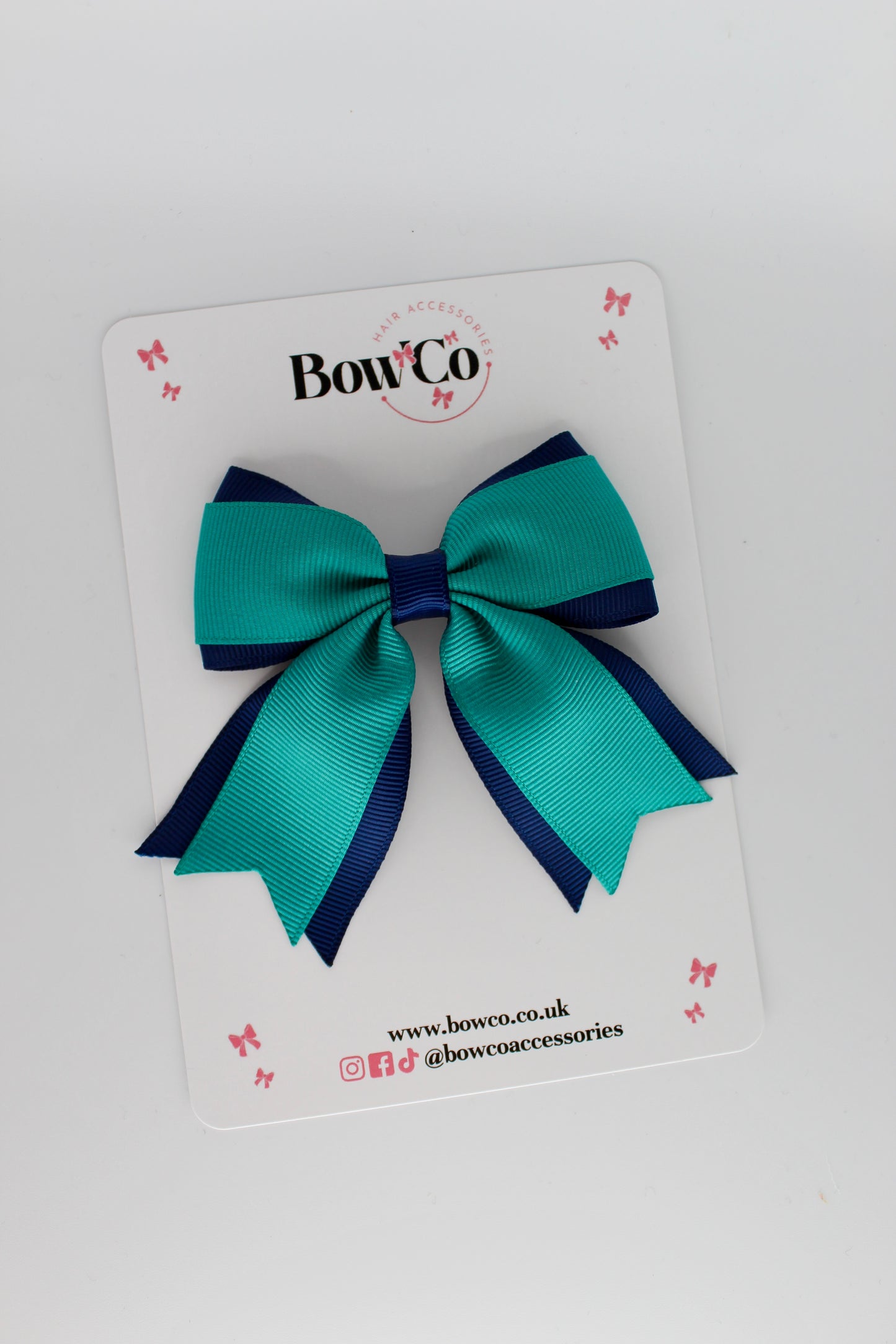 3 Inch Tail Bow Clip - Jade Green and Navy
