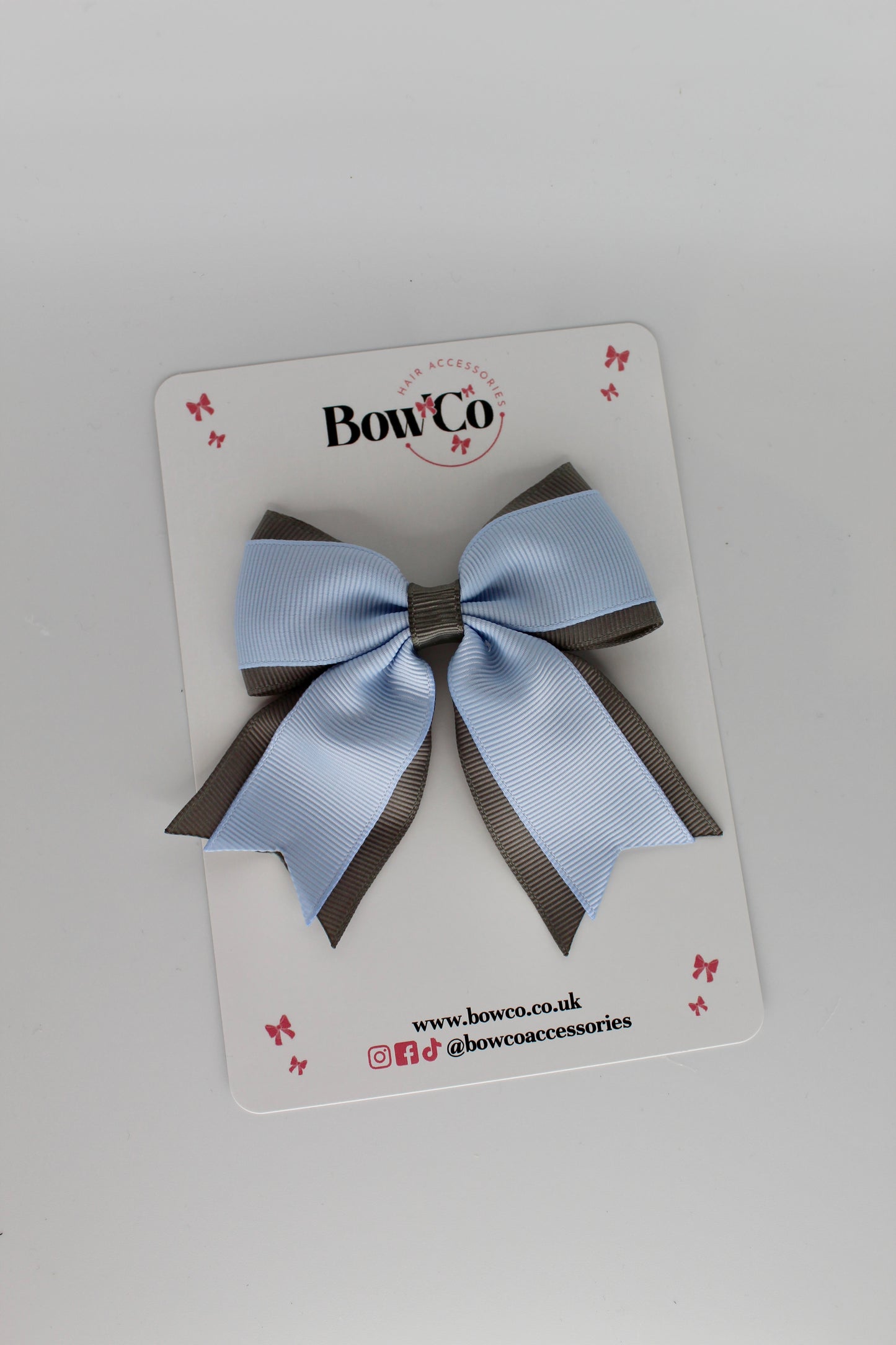 3 Inch Tail Bow Clip - Bluebell and Metal Grey