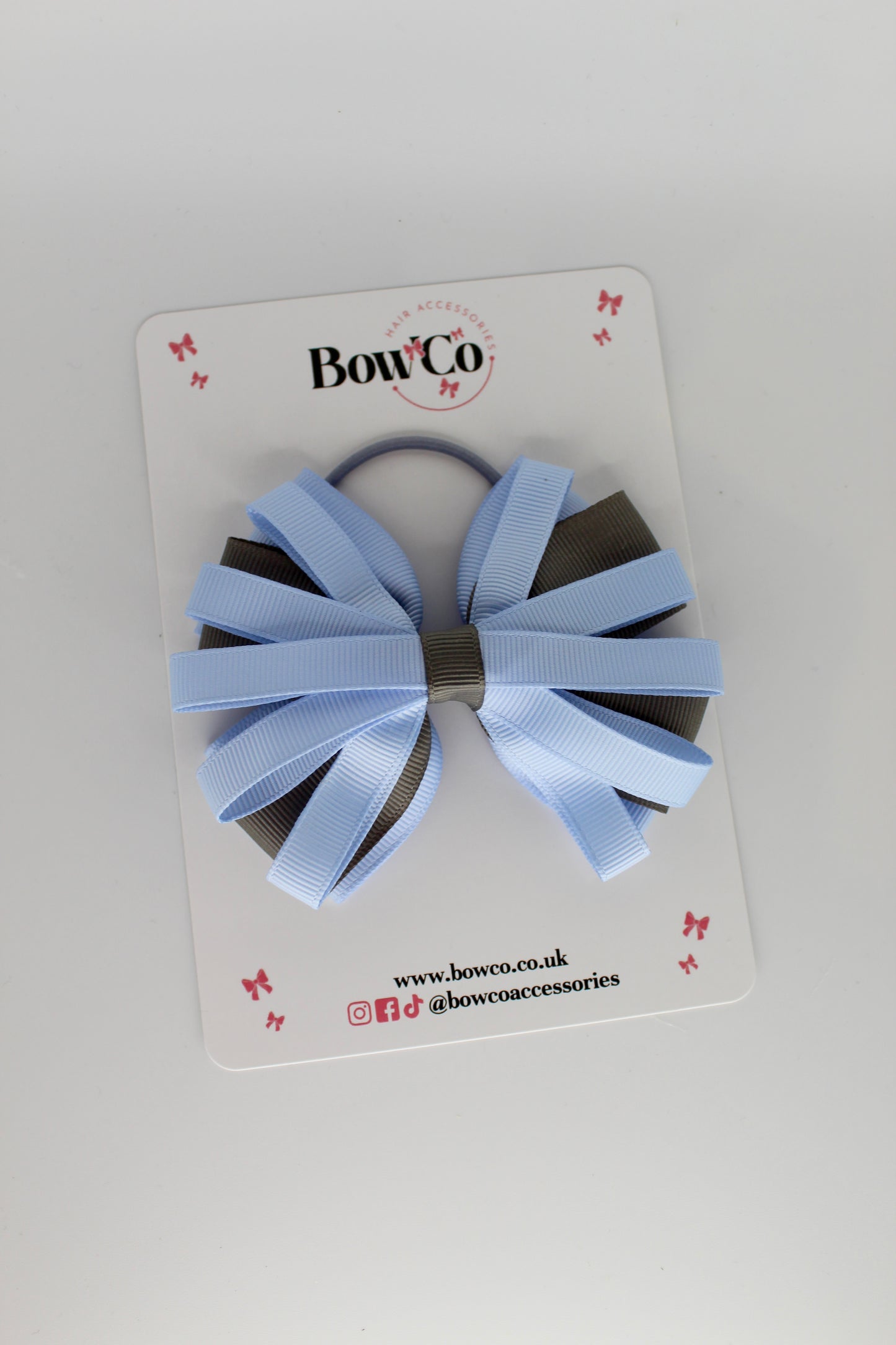 4 Inch Spiral Bow - Elastic Bobble - Bluebell and Metal Grey