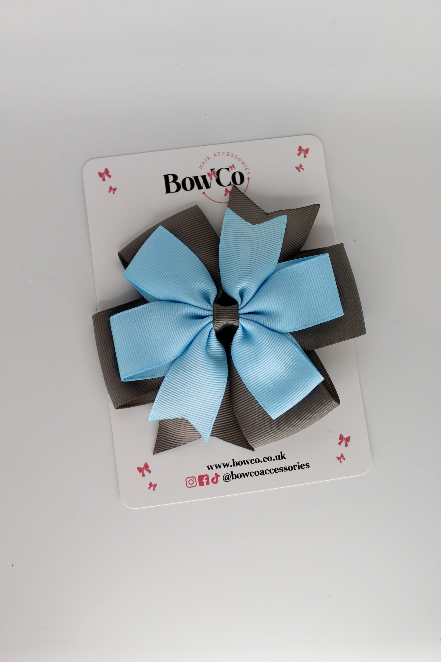 Pinwheel Bow Clip - Blue Topaz and Metal Grey