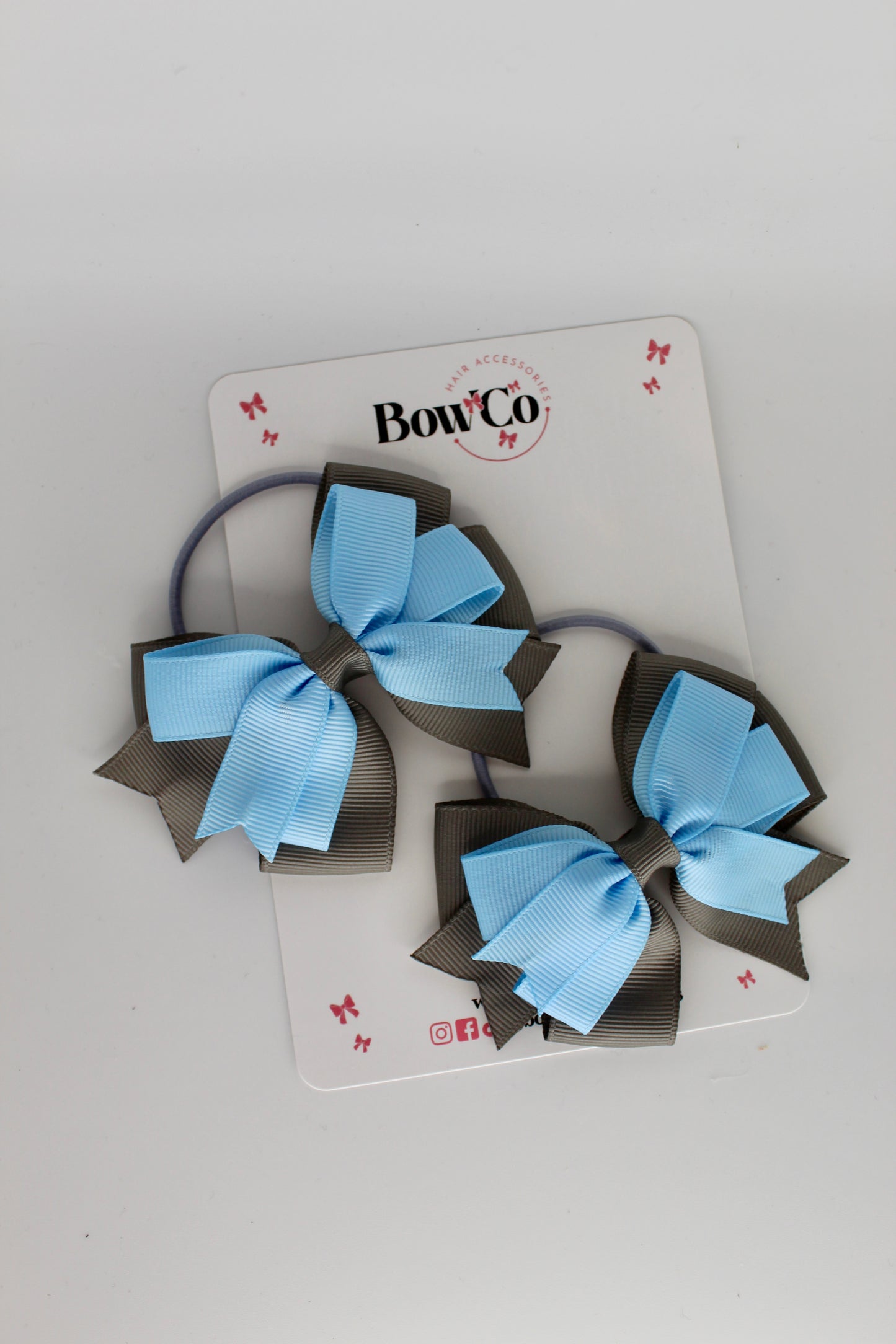 3 Inch Double Tail Bow - Elastic - 2 Pack - Blue Topaz and Metal Grey