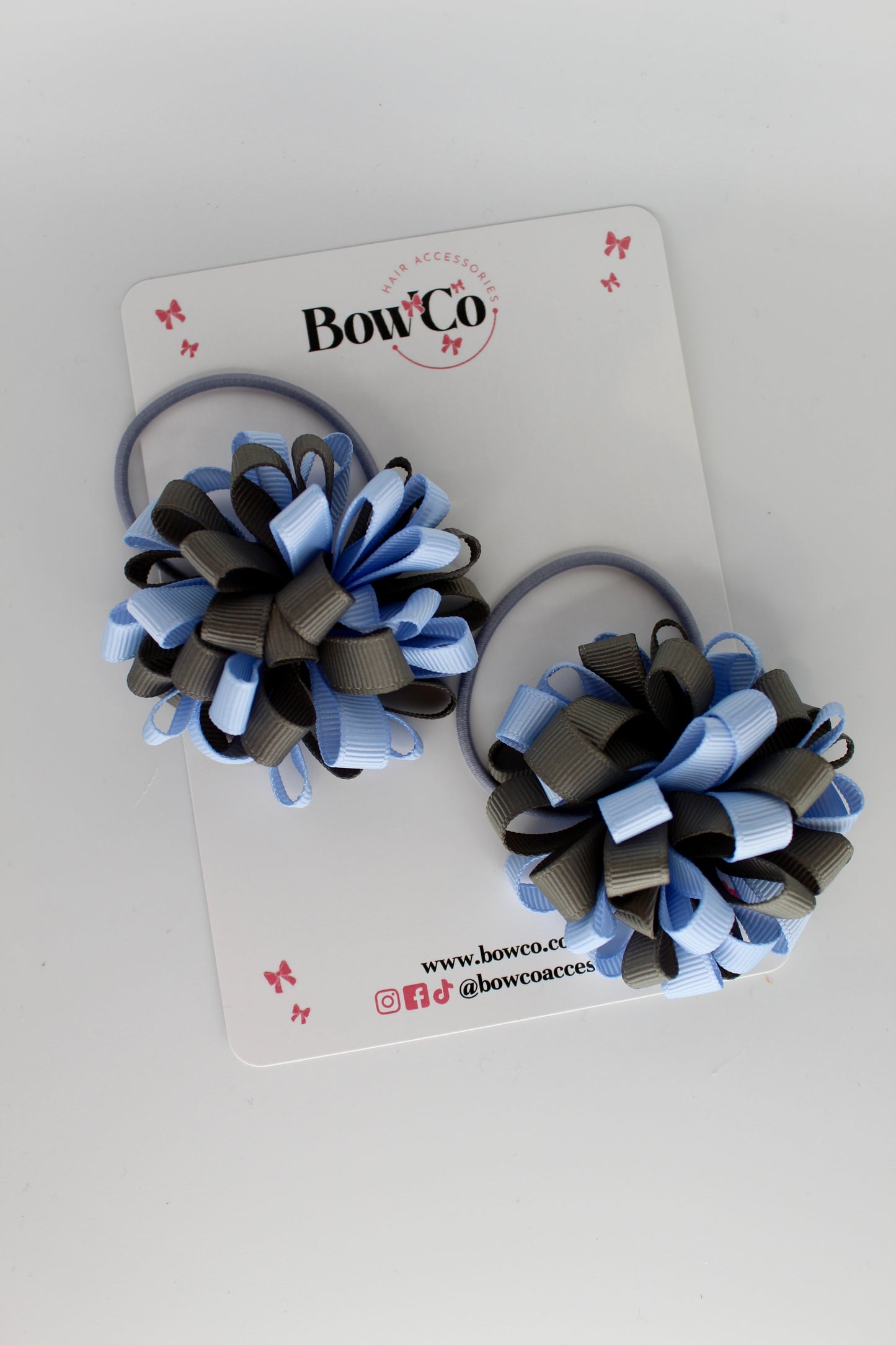 2.5 Inches Pom Pom Elastic Bow - 2 Pack - Bluebell and Metal Grey