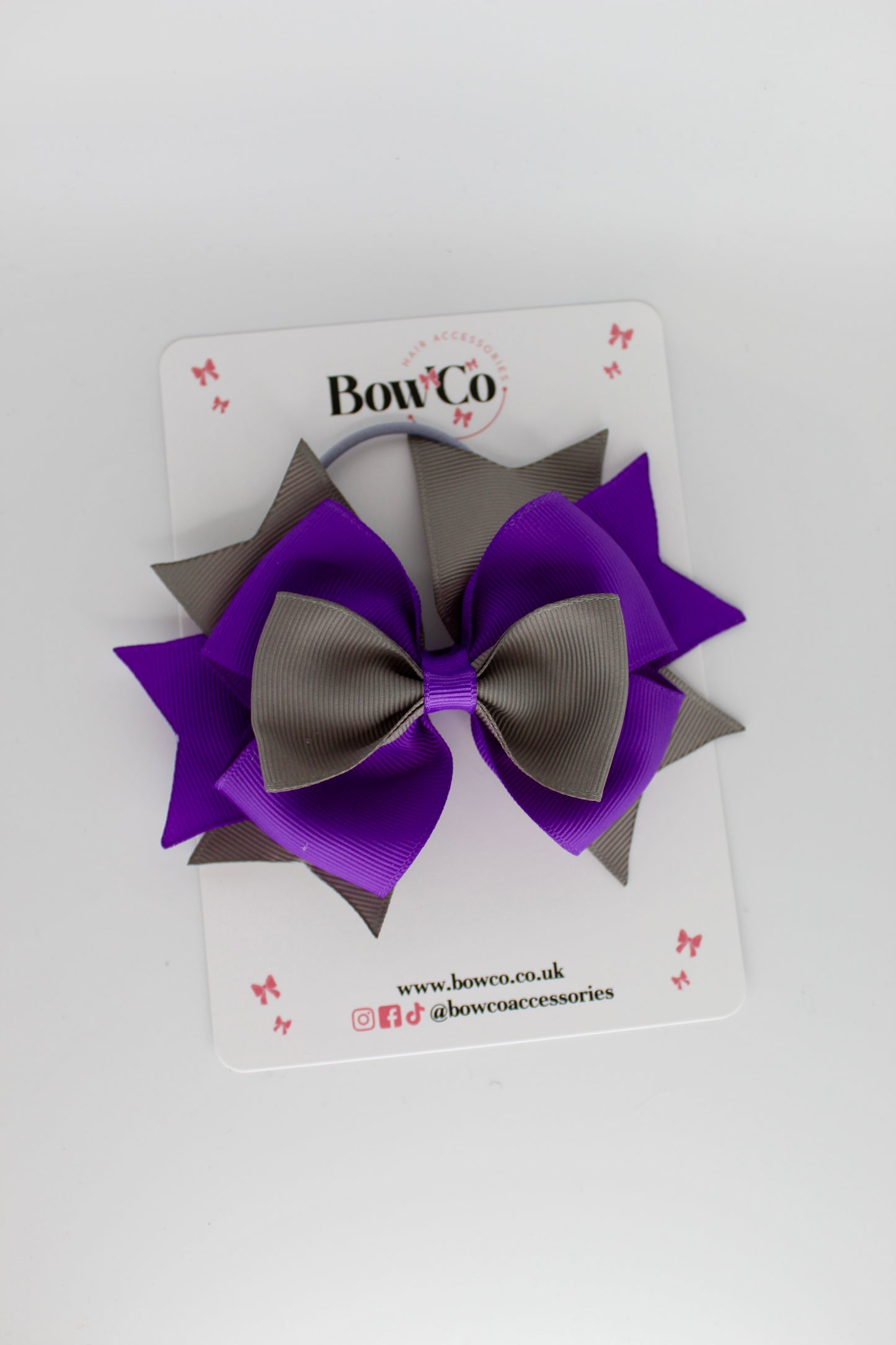 School Bow Purple and Metal Grey - Layer Bow - Elastic