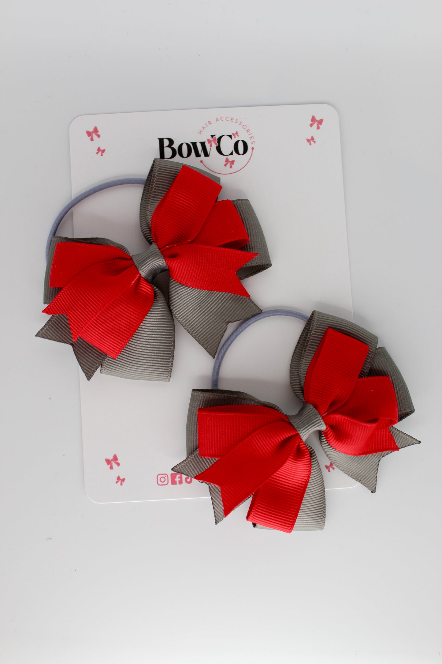 Red and Metal Grey - Double Tail Bow Set - Elastic