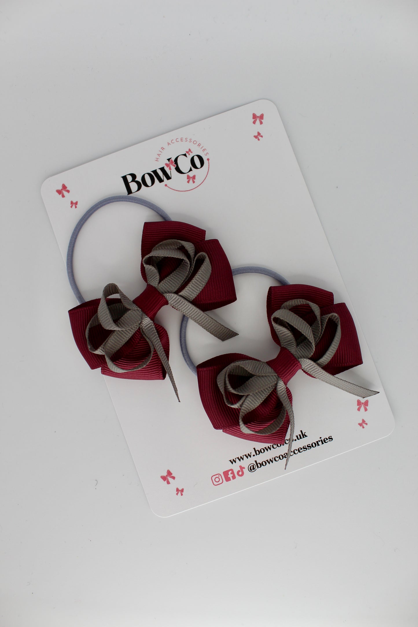 Burgundy and Metal Grey - Double Bow Set - Elastic