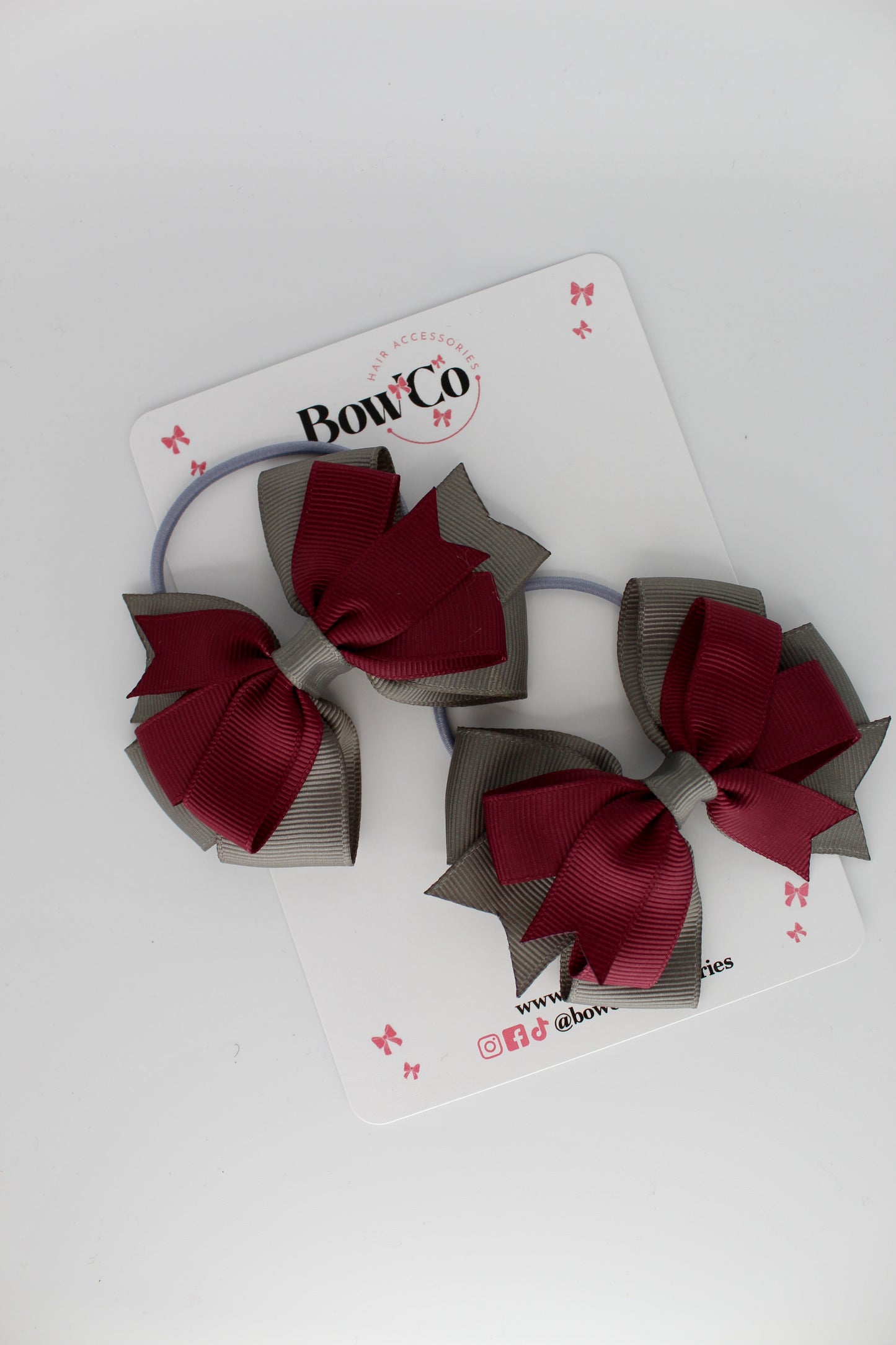 Burgundy and Metal Grey - Double Tail Bow Set - Elastic