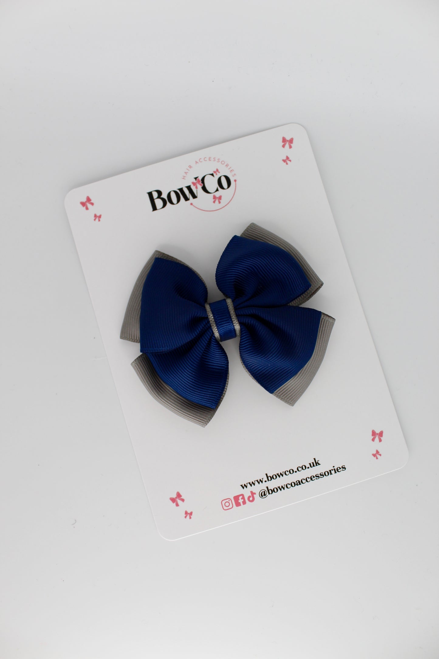 3 Inch Layer Edge Bow - Clip - Navy Blue and Metal Grey