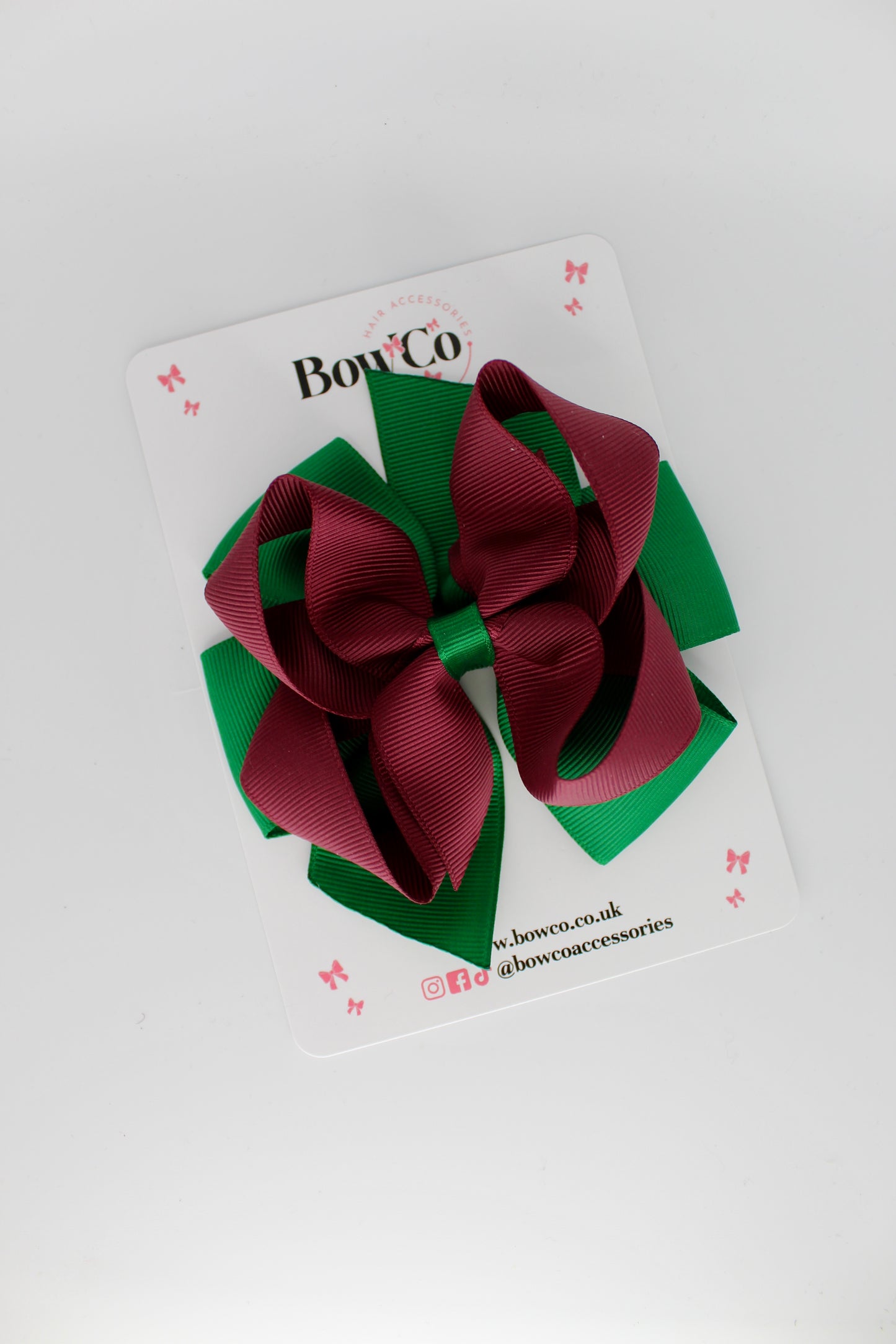 Double Bow - Clip - Forest Green and Burgundy