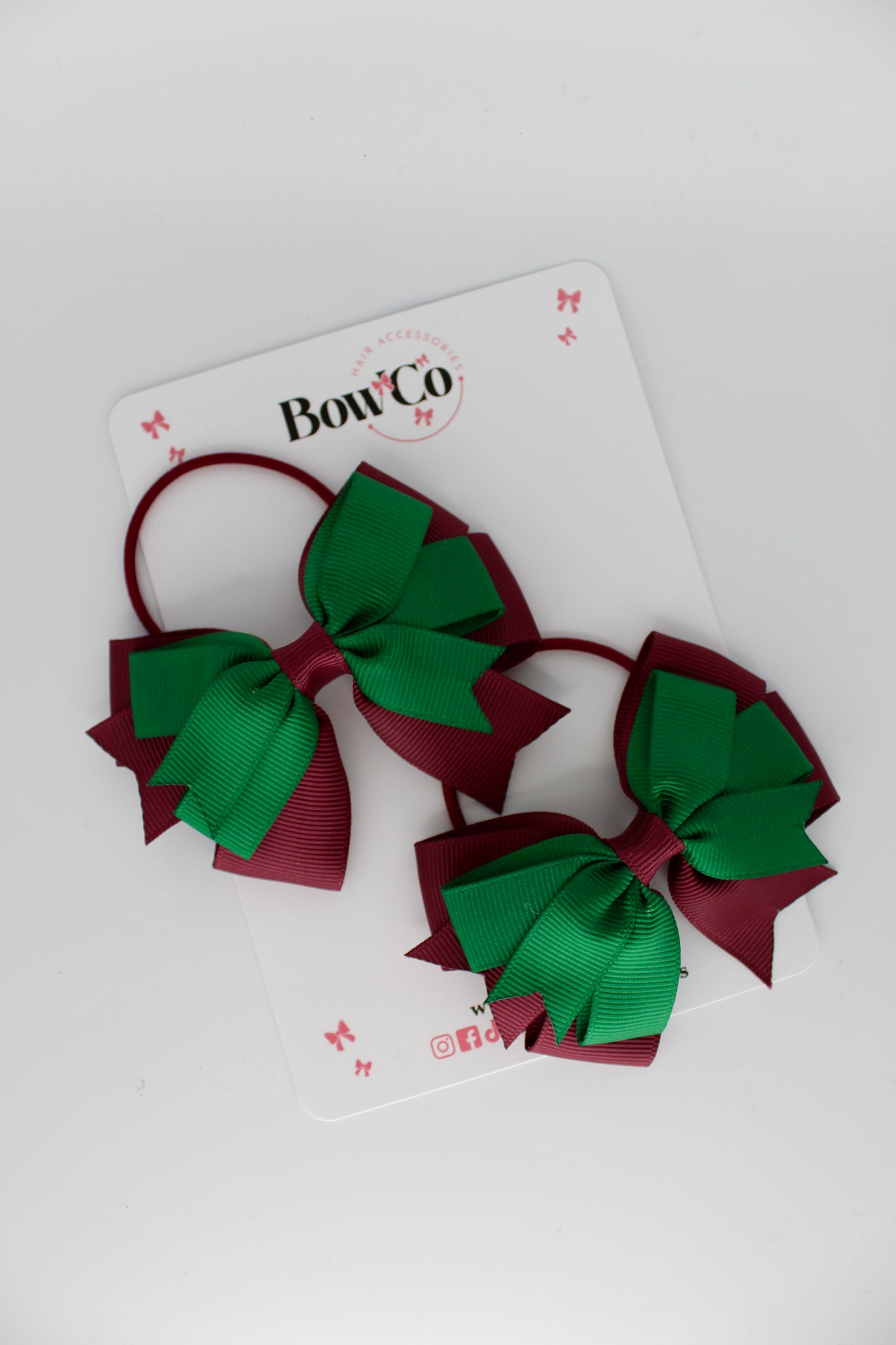 Forest Green and Burgundy - Double Tail Bow Set - Elastic