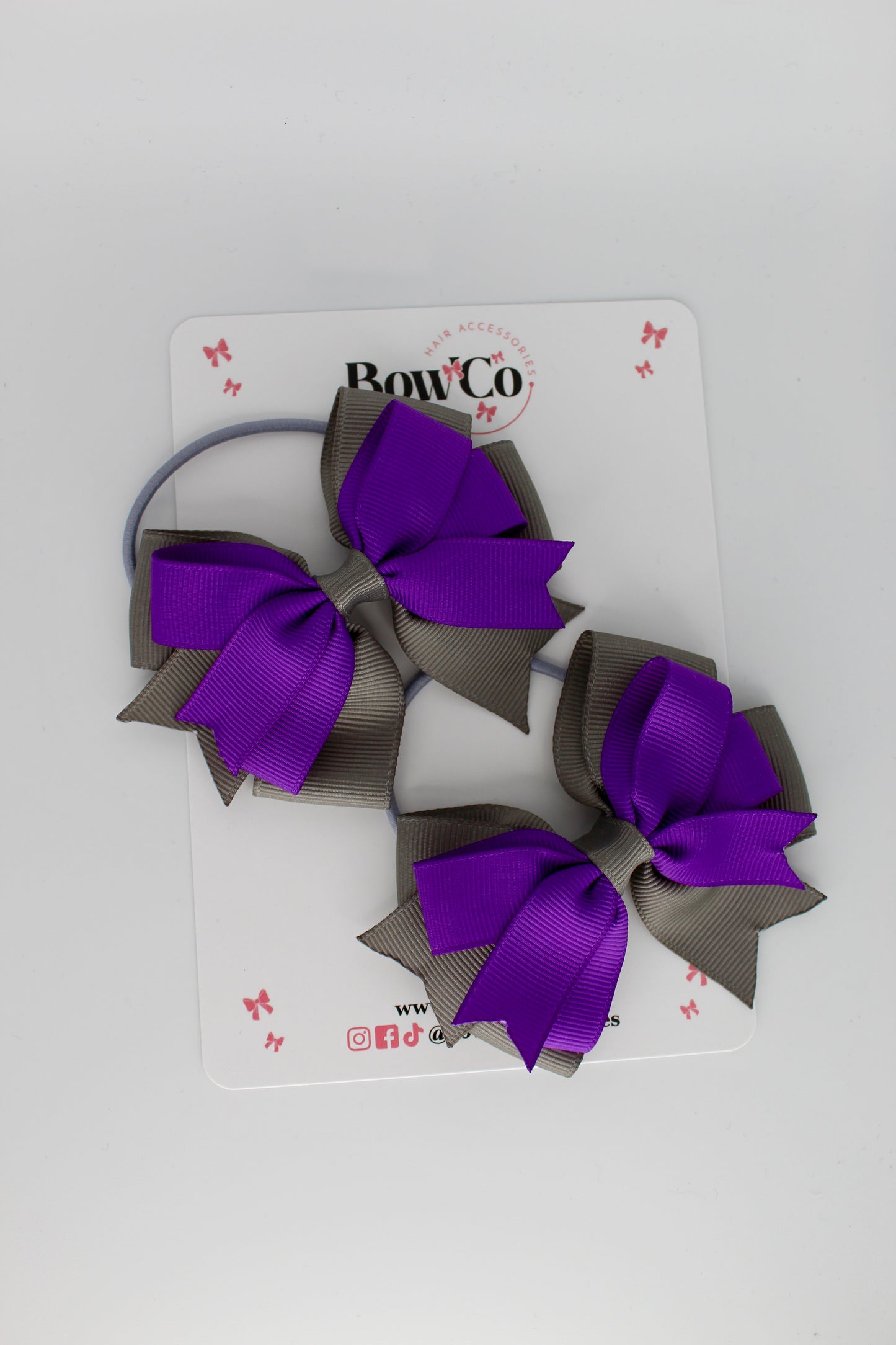 Purple and Metal Grey - Double Tail Bow Set - Elastic