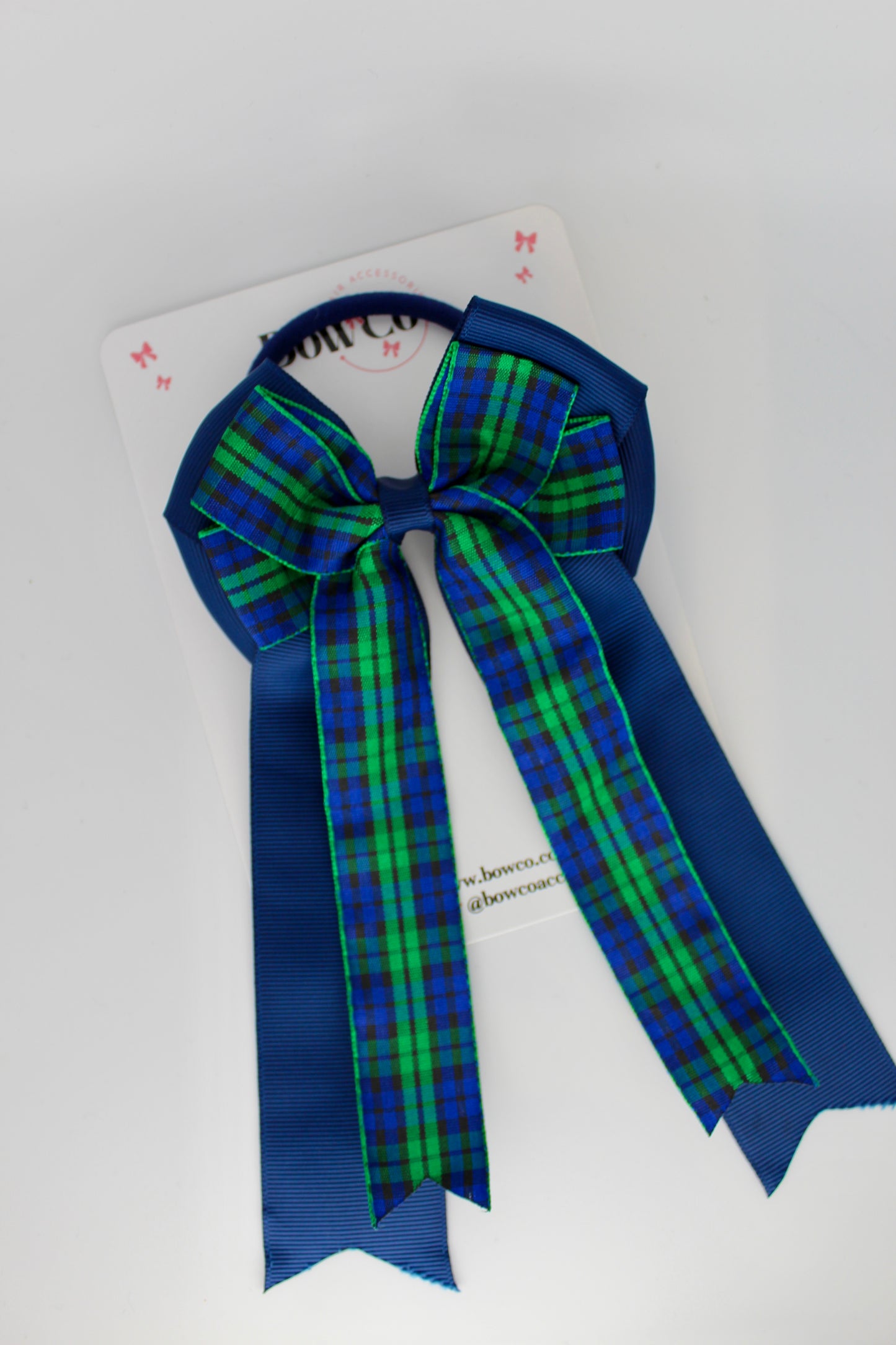 Navy Tartan Double Tail Bow - Elastic
