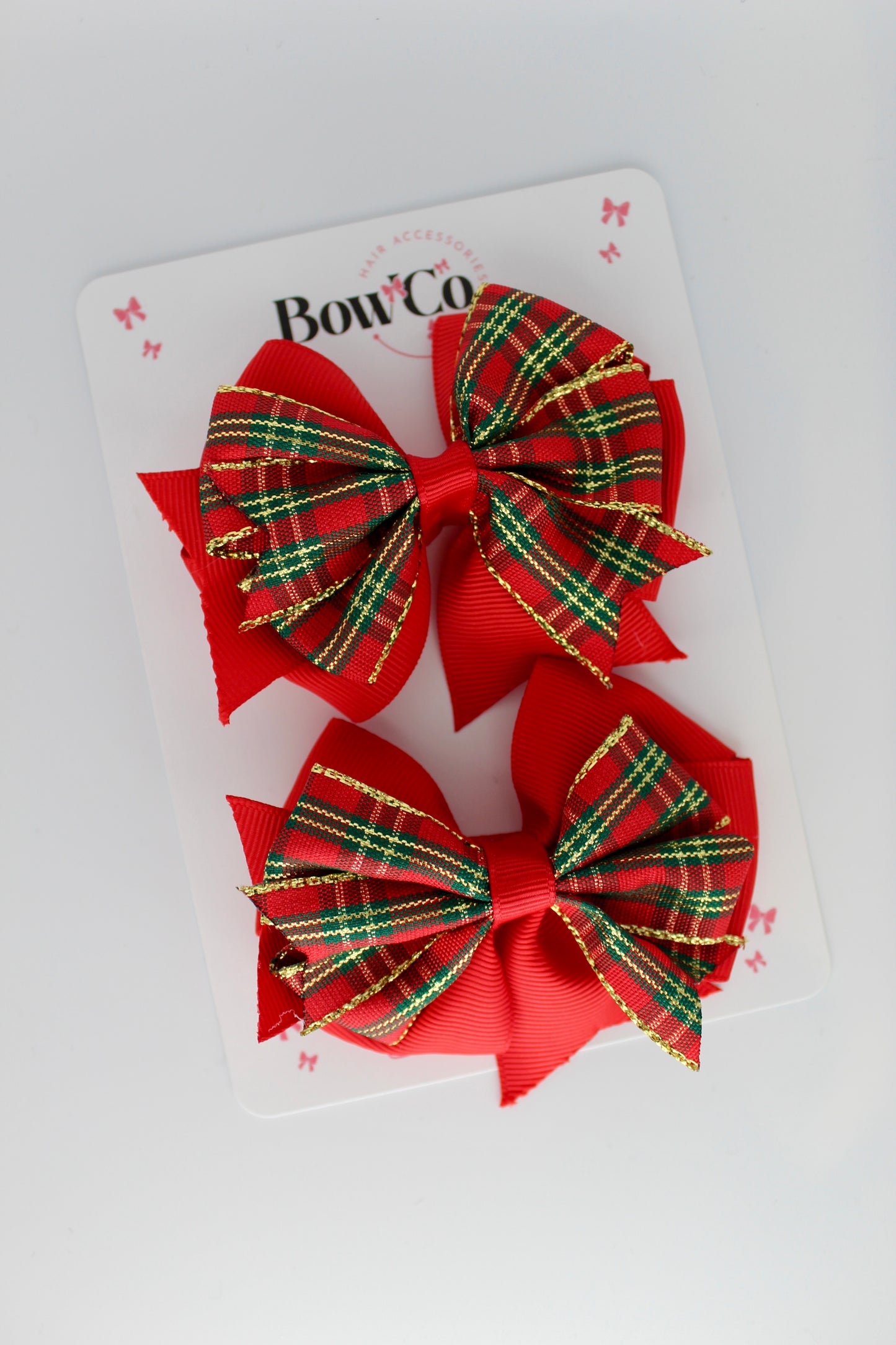 Double Tail Red Ribbon and Tartan Hair Bow Set - Clip