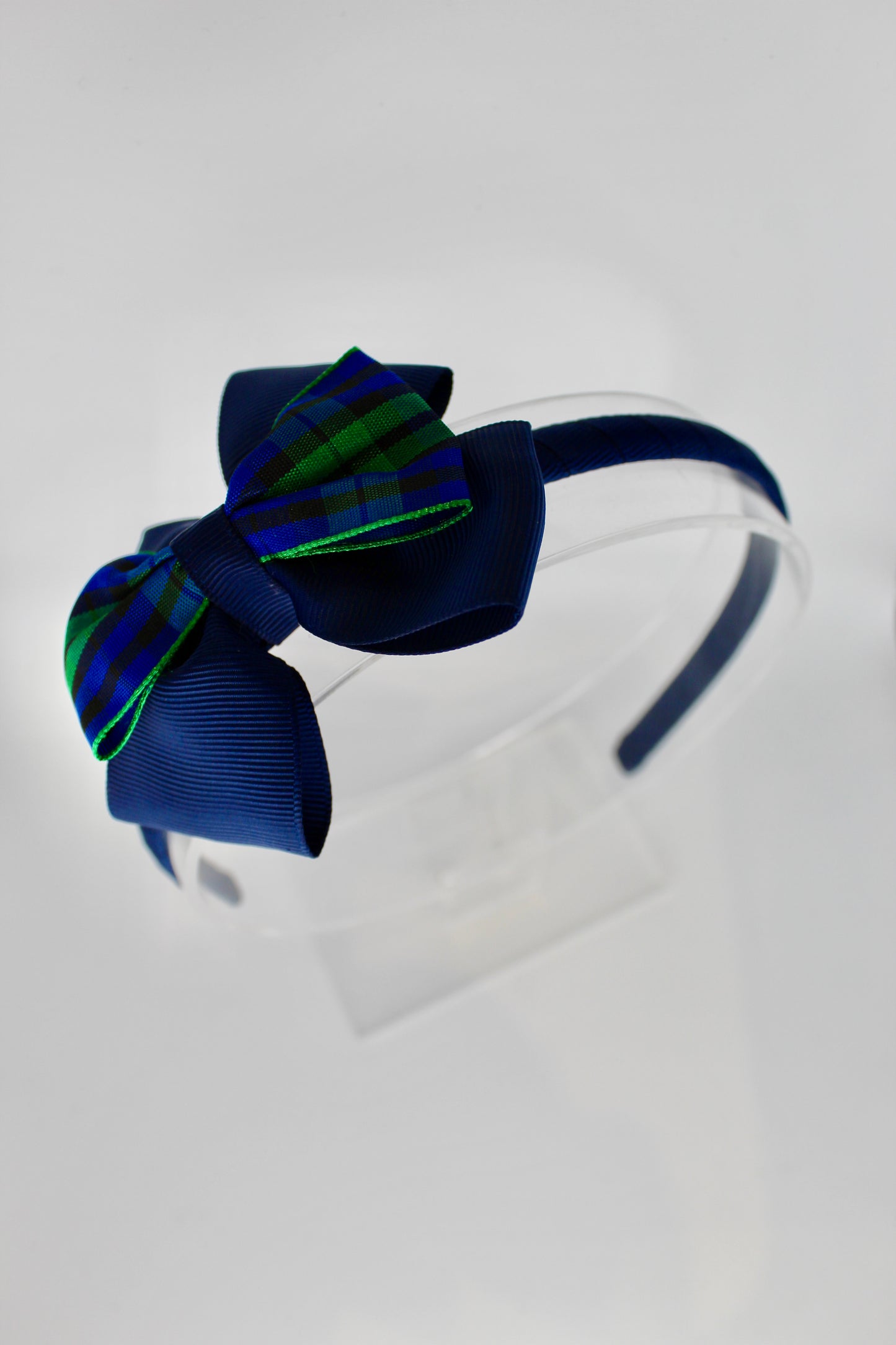 Navy Blue Tartan Bow Hair Band