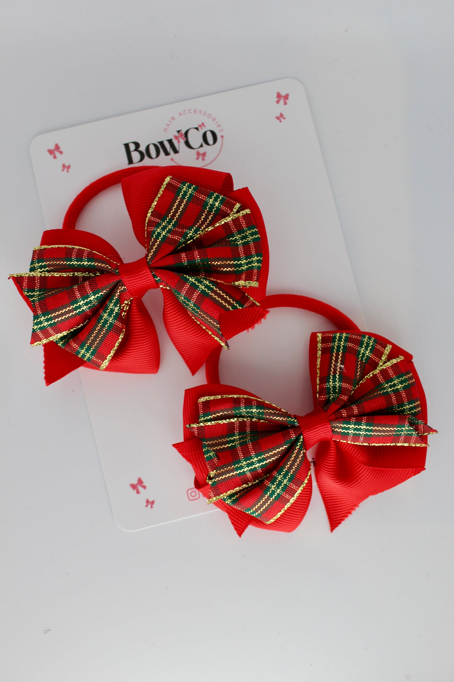 Double Tail Red Ribbon and Tartan Hair Bow Set - Elastic